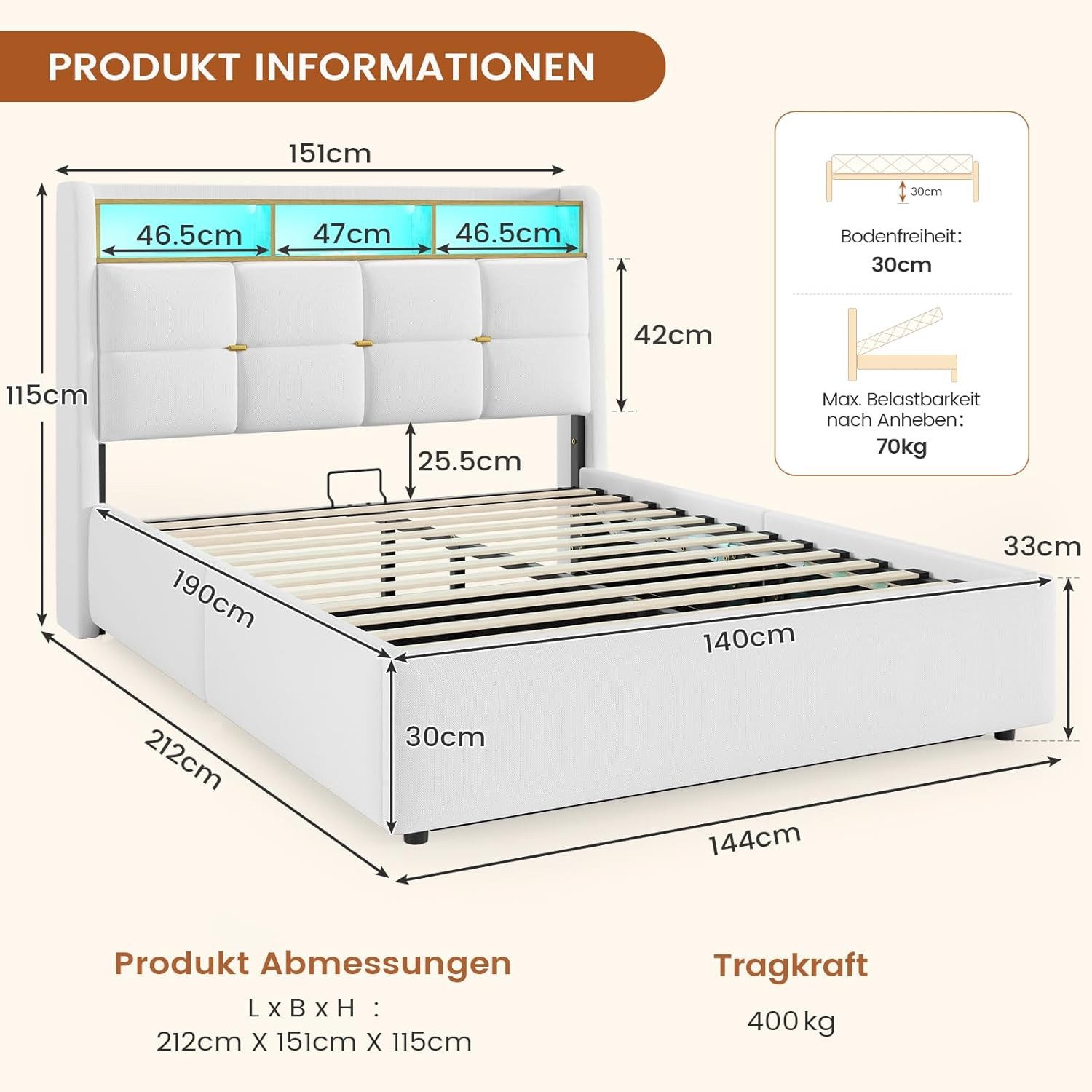 MSMASK Polsterbett mit LED Beleuchtung und Steckdosenleiste, hydraulisches Stauraumbett (1-tlg., Ohne Matratze), Jugendbett mit Bettkasten Stauraum, 140x190cm – Bild 2 von 5