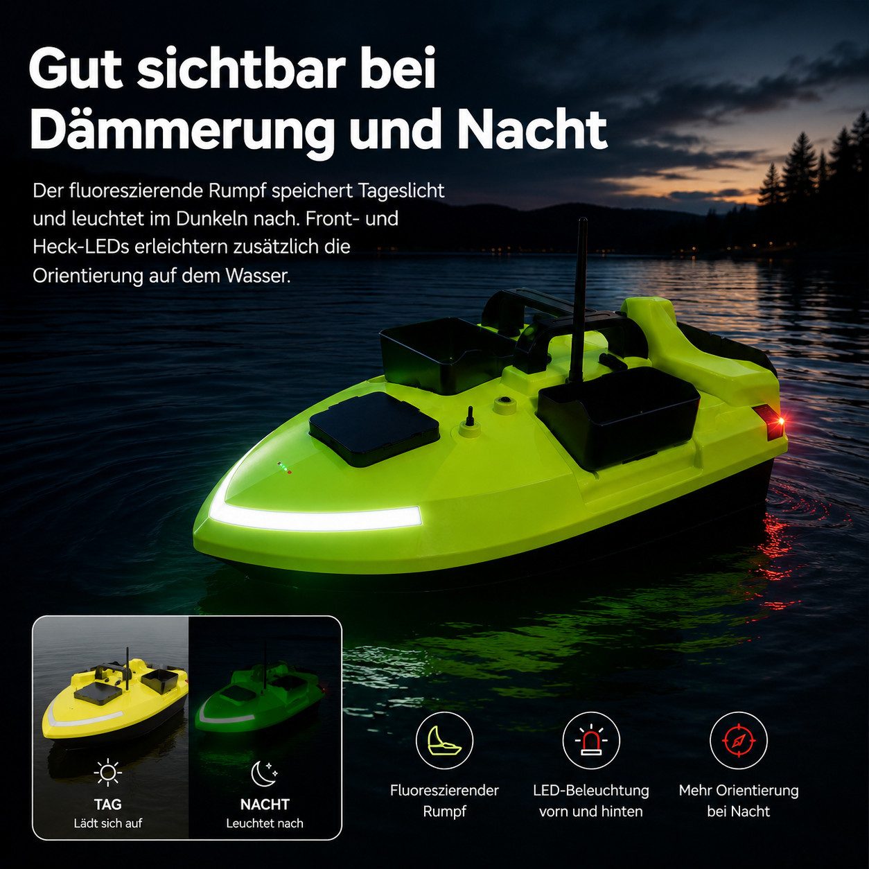 Tekoo RC-Boot GPS Futterboot nachtleuchtend, 2x 12.000mAh Akku, 2kg Traglast (Set, Komplettset (RTR), Auto-Return Funktion, Nachtleuchtend, 40 GPS-Spots