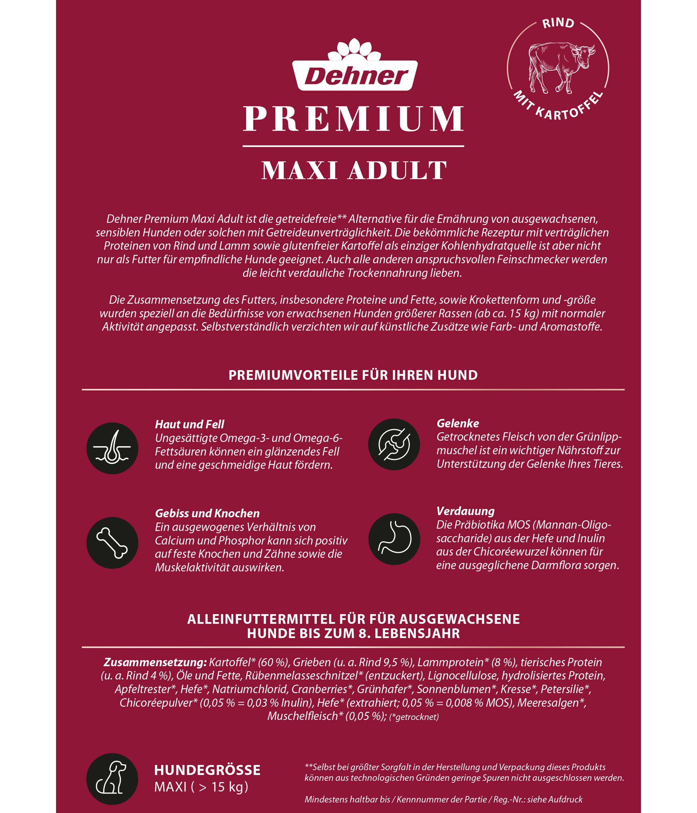 Dehner Premium Maxi Adult Rind / Lamm / Kartoffel, getreidefrei Rind, Trockenfutter für: Hunde, Trockenfutter für ausgewachsene Hunde großer Rassen