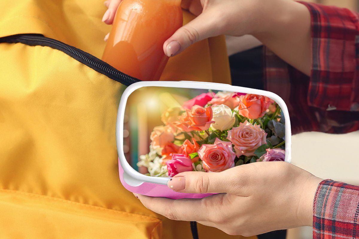 MuchoWow Lunchbox Rosen - Erwachsene, Strauß Mädchen, (2-tlg), - Brotdose Farben, Kunststoff, rosa Kunststoff Kinder, Brotbox Snackbox, für