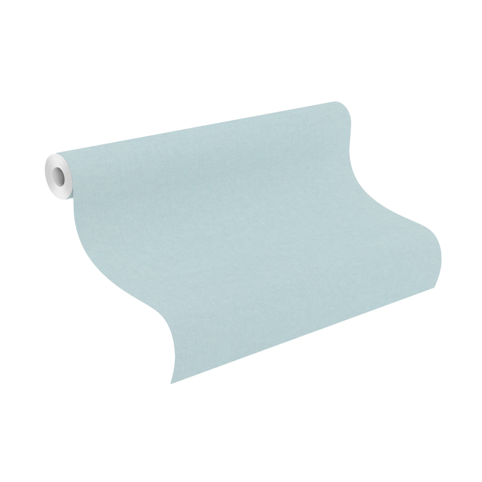 Rasch Vliestapete Leinenoptik - Papiertapete Uni Blau, glatt, Leinenoptik, Aquarelloptik, Textiloptik, (1 Rolle, 1 St., Kollektion 'Kids World II' - 10,05 m x 0,53 m), gute Lichtbeständigkeit, feucht abwischbar, restlos abziehbar