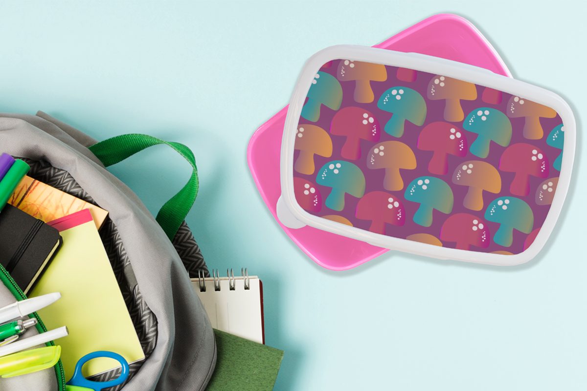 MuchoWow Lunchbox Pilz für Kunststoff Kinder, - Muster Mädchen, - rosa Kunststoff, (2-tlg), Brotbox Snackbox, Erwachsene, Brotdose Regenbogen
