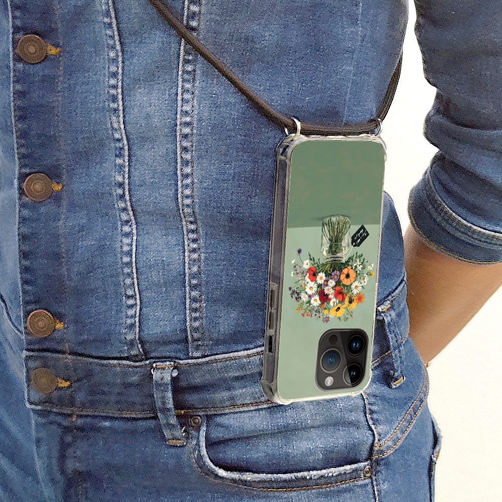 MuchoWow Handyhülle für Apple iPhone 14 Pro Blumen - Vase - Karte, Tragbare Handyhüllen mit Kette zum umhängen, Handykette Handyband