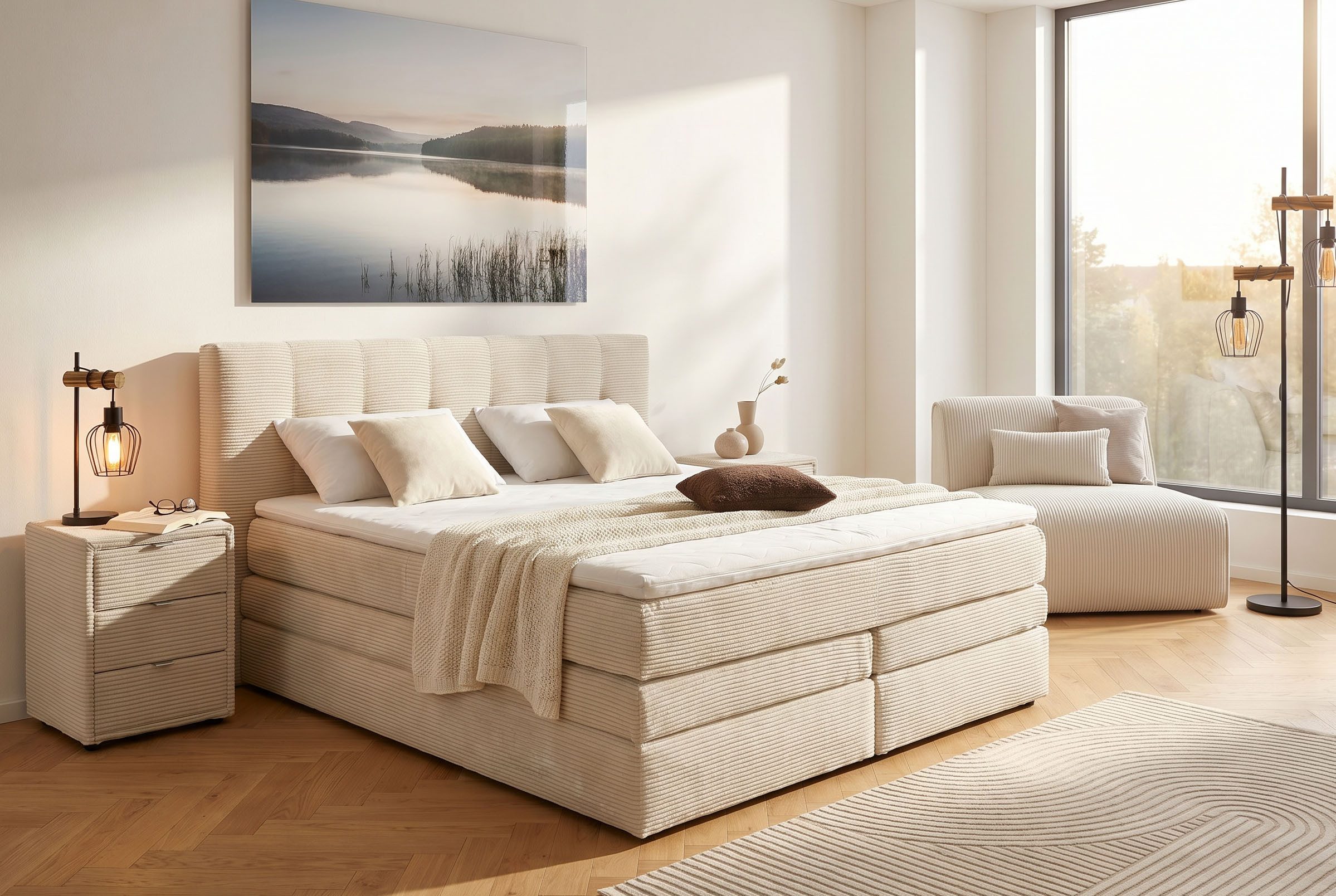 Jockenhöfer Gruppe Boxspringbett AMY mit Bettkasten, inkl. Taschenfederkernmatratze Härtegrad H3 bis H4, mit 6 cm Kaltschaum-Topper, Cord-Bezug, 180x200 und 200x200 cm