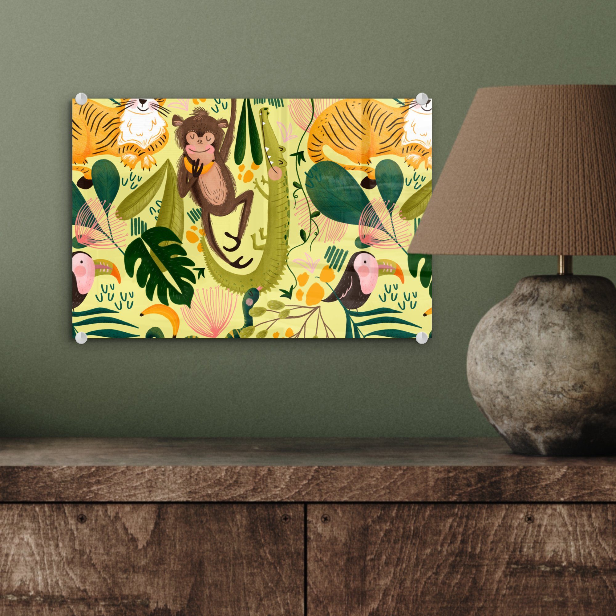 St), Foto - Glas - Tiere Bilder (1 Wandbild Glasbilder Wanddekoration MuchoWow Gelb, auf Acrylglasbild Dschungel Glas - auf - -
