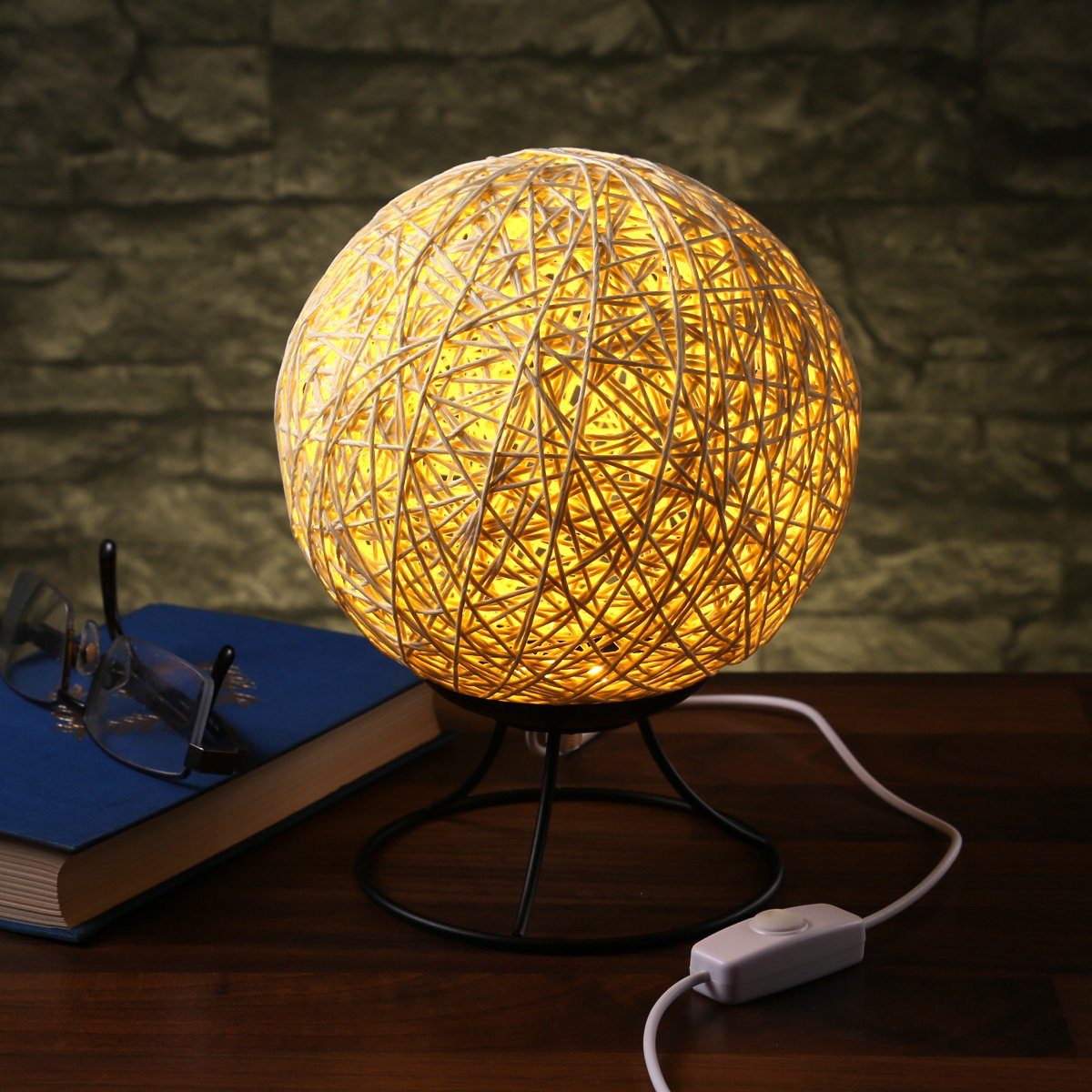 RADOLEO Tischleuchte Nachttischlampe NEST Bastkugel Tischleuchte dimmbar 20cm USB beige, LED Classic