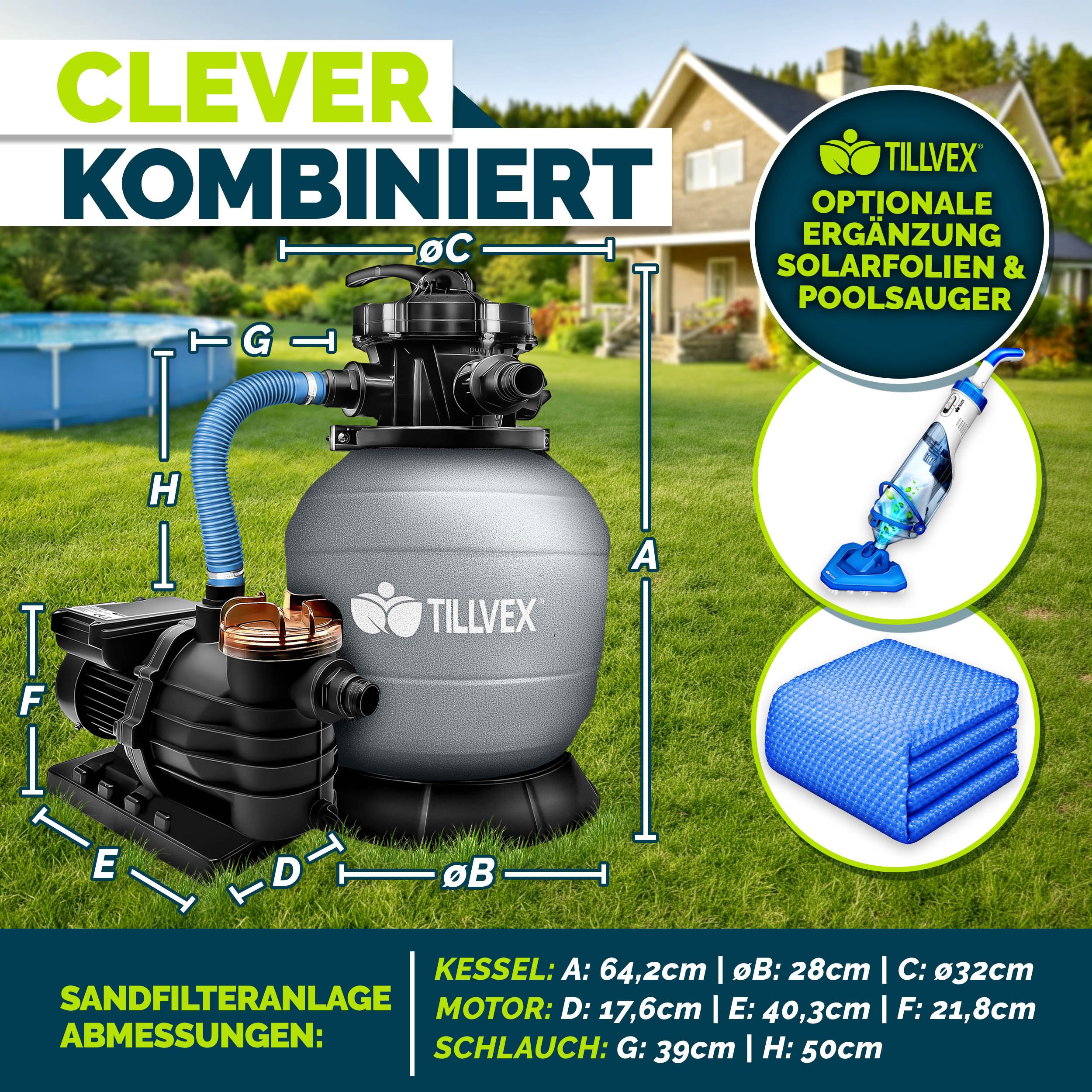 tillvex Sandfilteranlage 10 m³/h Filteranlage + 800g Filterbälle 7-Wege Ventil Poolfilter, Filterkessel mit Druckanzeige Sandfilter für Pool und Schwimmbecken