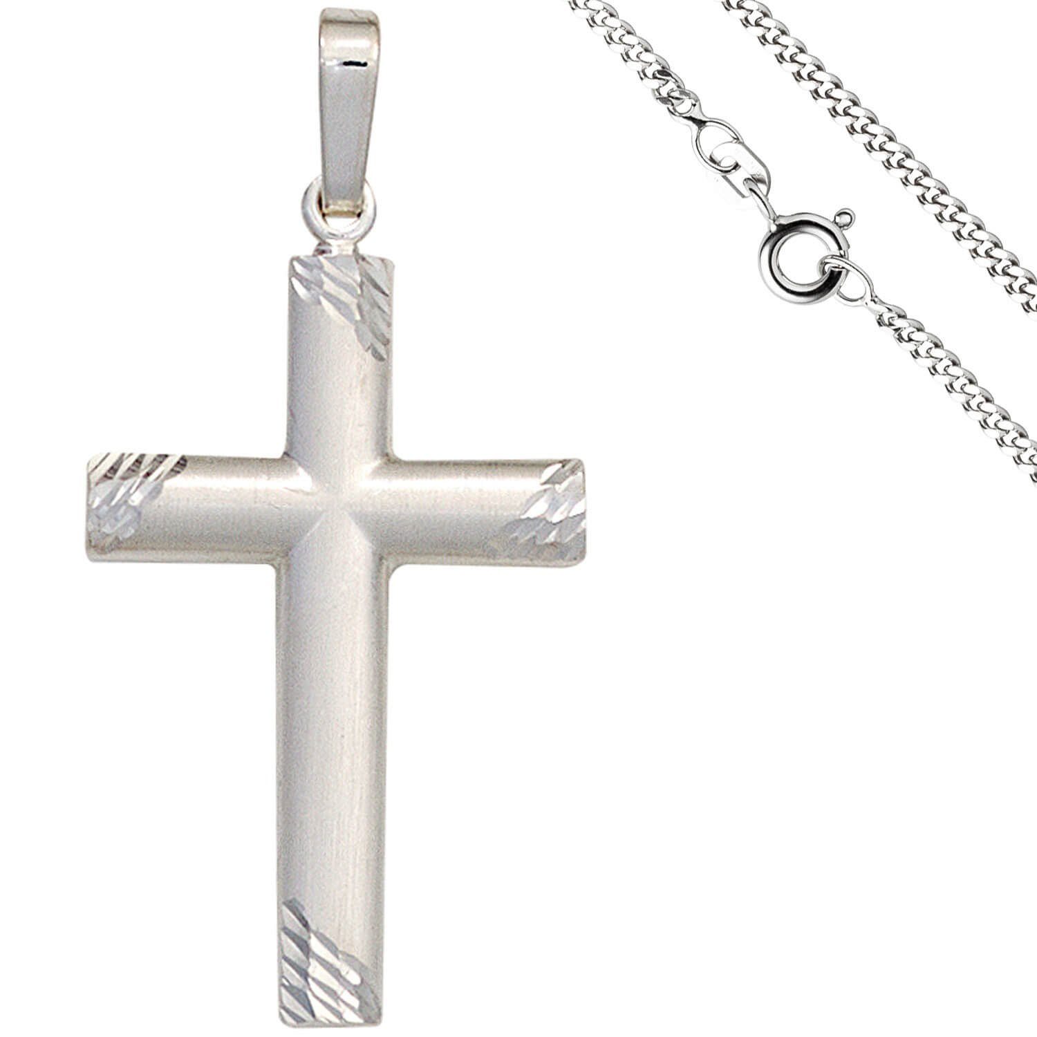 Schmuck Krone Silberkette aus Halsschmuck, Panzerkette 925 60cm teilmatt Silber Kreuz mit 2mm Schmuck-Set