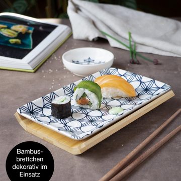 Moritz & Moritz Tafelservice Moritz & Moritz Gourmet - Sushi Set 10 teilig Blaue Blumen (8-tlg), 2 Personen, Porzellan, Geschirrset für 2 Personen