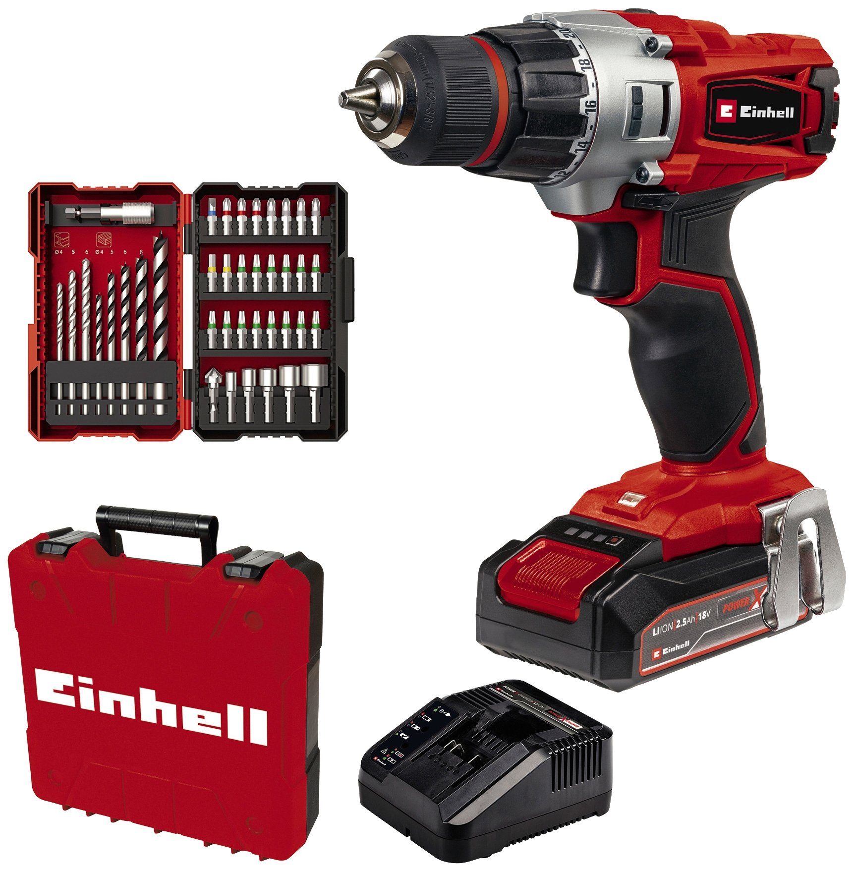 Einhell Akku-Bohrschrauber TE-CD 18/2 Li +39, max. 1250 U/min, mit Koffer, Akku  18V/2,5Ah, Ladegerät und 39-tlg. Zubehörset, LED Licht zum Ausleuchten des  Arbeitsbereichs