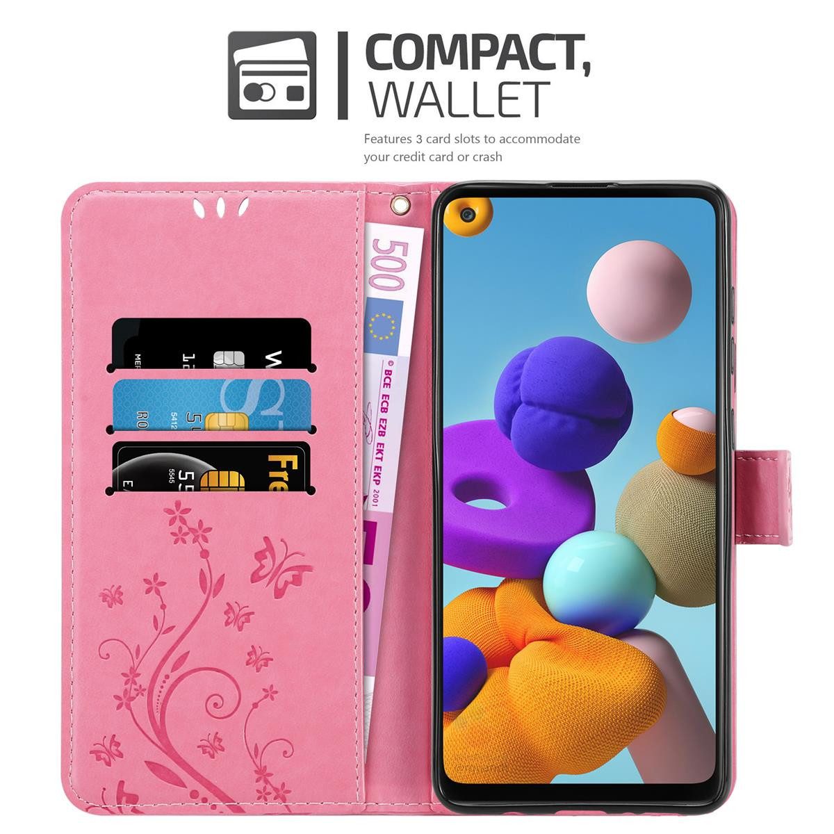 Cadorabo Handyhülle für Samsung Galaxy A21s Hülle Samsung Galaxy A21s, Hülle Schutzhülle Blumen Flower mit Standfunktion Kartenfach Magnet