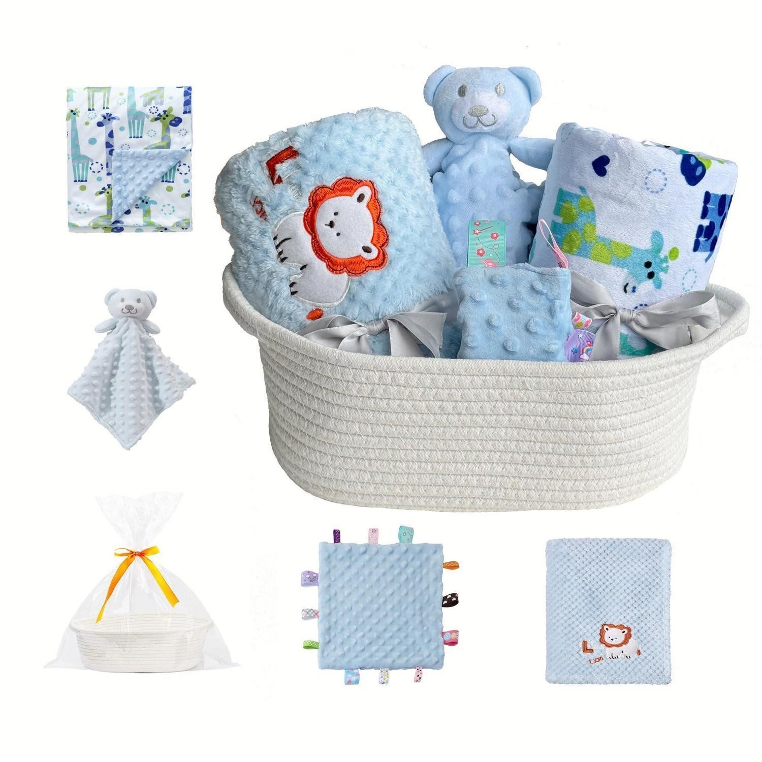 LuxusKollektion Aufbewahrungskorb Baby-Geschenkset mit 2 Decken, Schmusetuch, Labeltuch