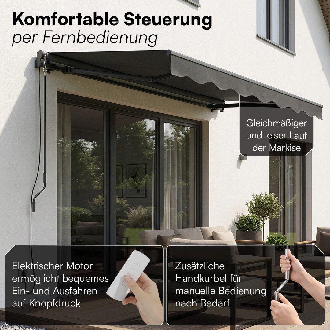 STEELSØN Gelenkarmmarkise Kestria, elektrische Sonnenmarkise mit LED-Beleuchtung (250x200 cm) Balkonmarkise mit Fernbedienung, wetterfest