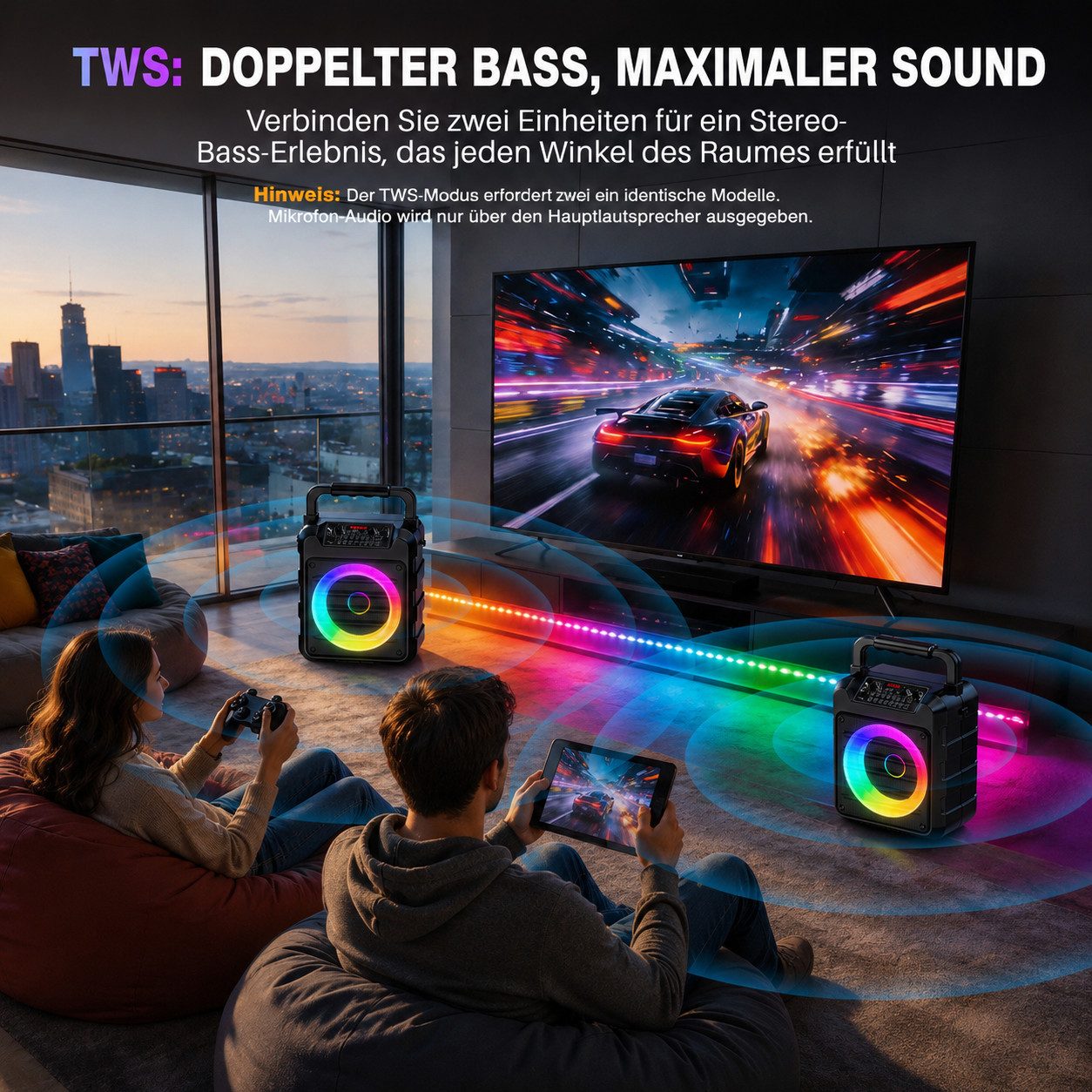 Wootoy Karaoke-Lautsprecher 5-in-1 Karaoke-Maschine mit 2 mikrofonen Lautsprecher (20 W, 6 LED-Lichtmodi LCD-Display separate Lautstärkeregelung)