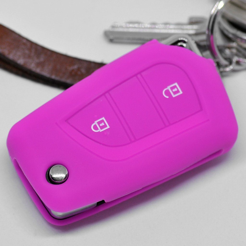 mt-key Schlüsseltasche Autoschlüssel Softcase Silikon Schutzhülle Pink, für Toyota Aygo Citroen C1 Peugeot 108 2 Tasten Klappschlüssel