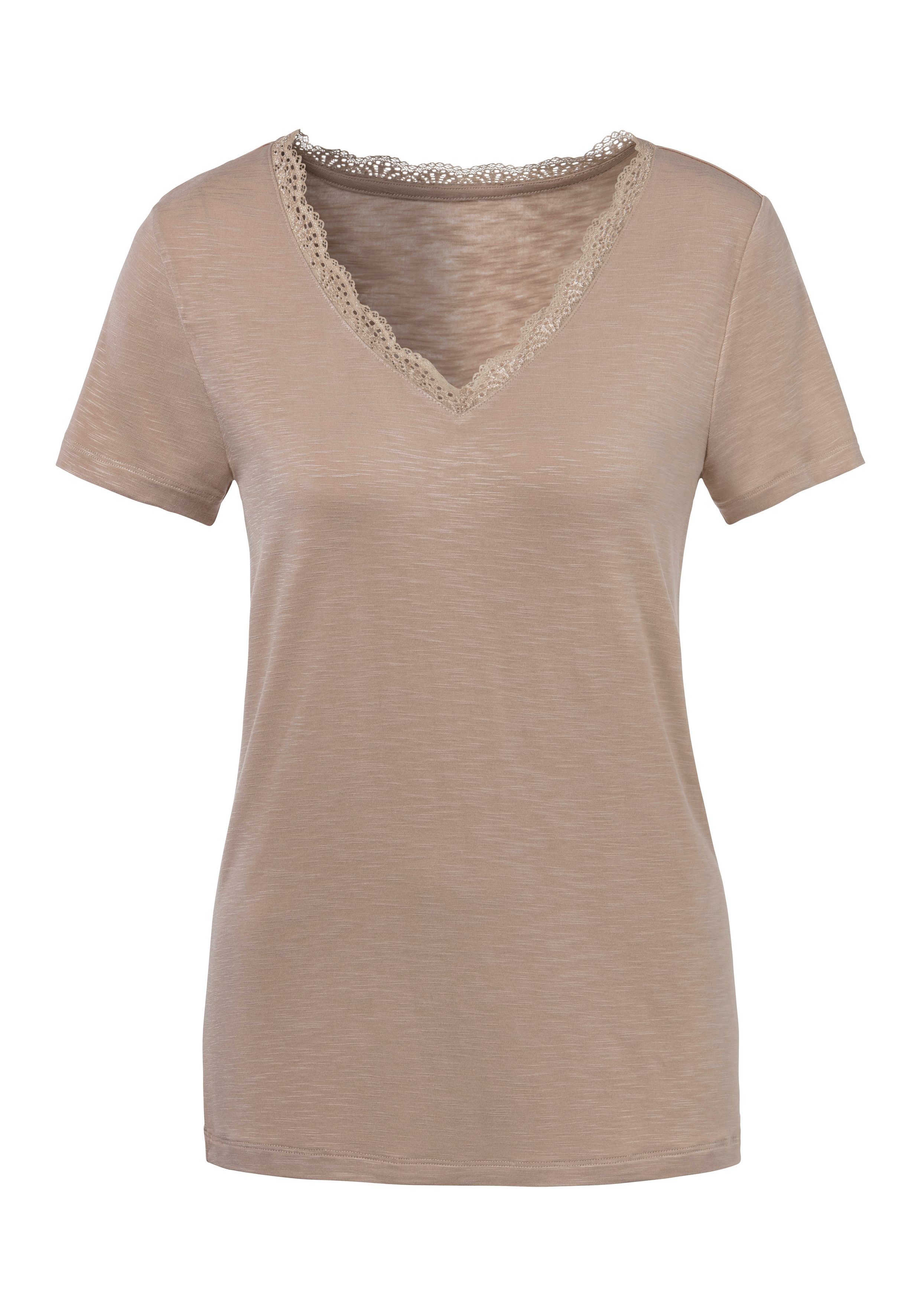 Ausschnitt mit am zarter T-Shirt (Packung, LASCANA schwarz, Spitze beige 2-tlg)