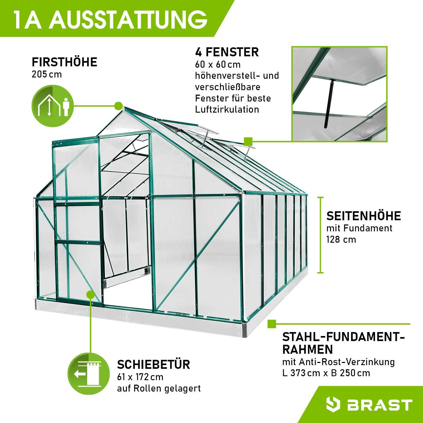 BRAST Gewächshaus ALU mit Fundament rostfrei 380x250x205cm TÜV geprüft, BxTxH: 250 x 380 x 205 cm, wetterfestes hochwertiges Aluminium, Temperaturbeständig, Wärmedämmend, Lichtbrechend & UV-stabilisiert