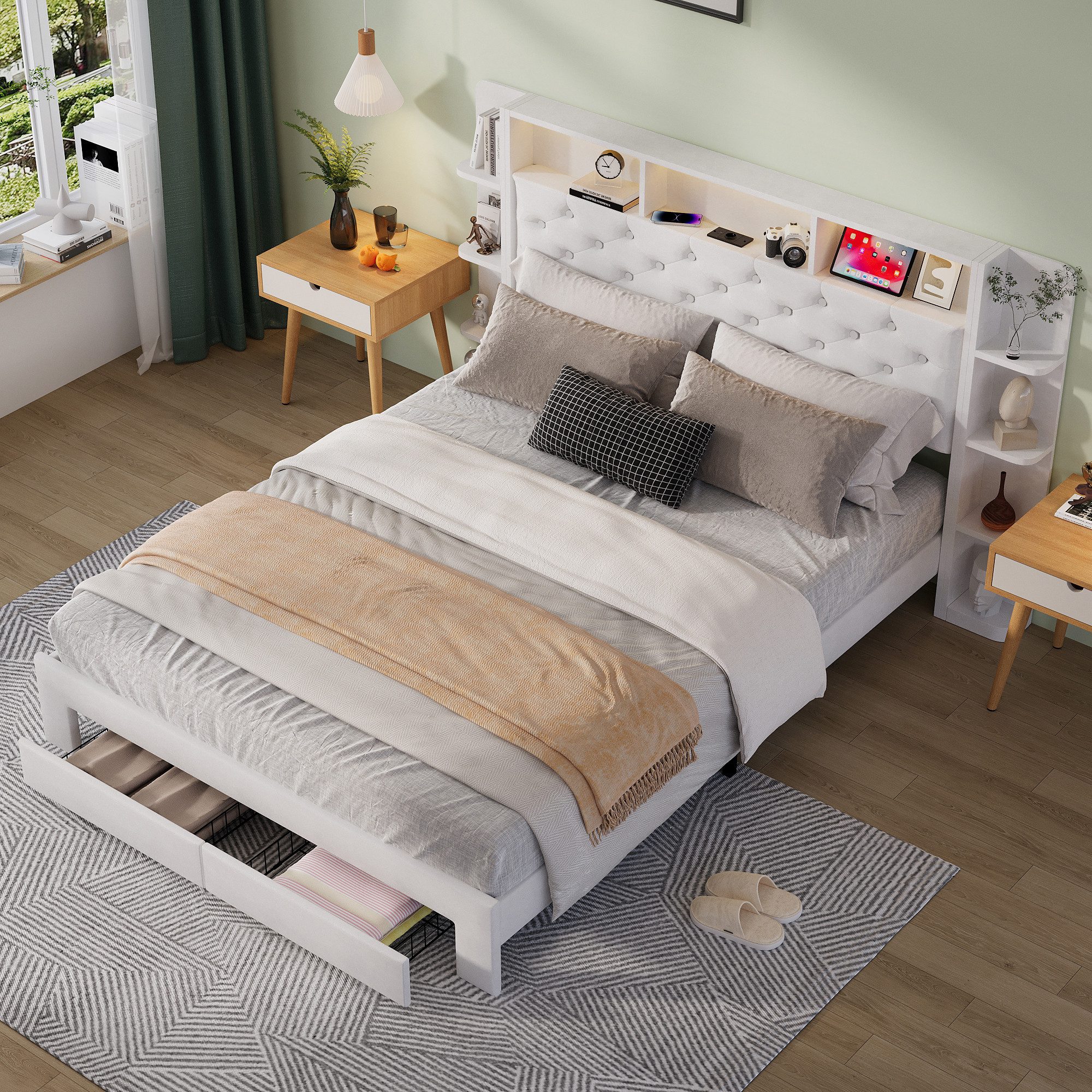 ADWOLT Polsterbett Doppelbett Stauraumbett mit LED-Licht (Bettgestell, 1-tlg., Mit Kopfteil und Lattenrost), 140x200 cm,Kopfteil mit Ablagefach,2 Schubladen,USB+Typ C+Steckdose