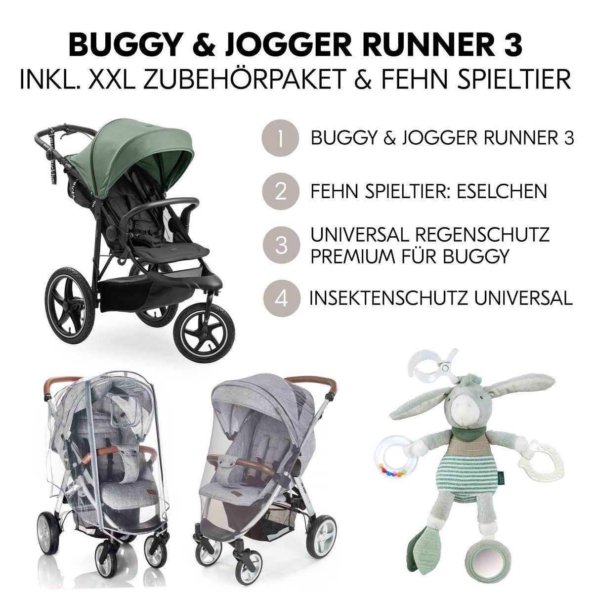Hauck Sportbuggy Runner 3 - Jungle Green, Sportwagen mit Luftreifen, Liegefunktion & Zubehör - höhenverstellbar
