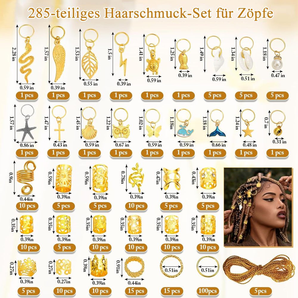 HoyoLee Haarspange 285 Stück Haarschmuck für Zöpfe, Verstellbar Metall Haar, Loc-Charms