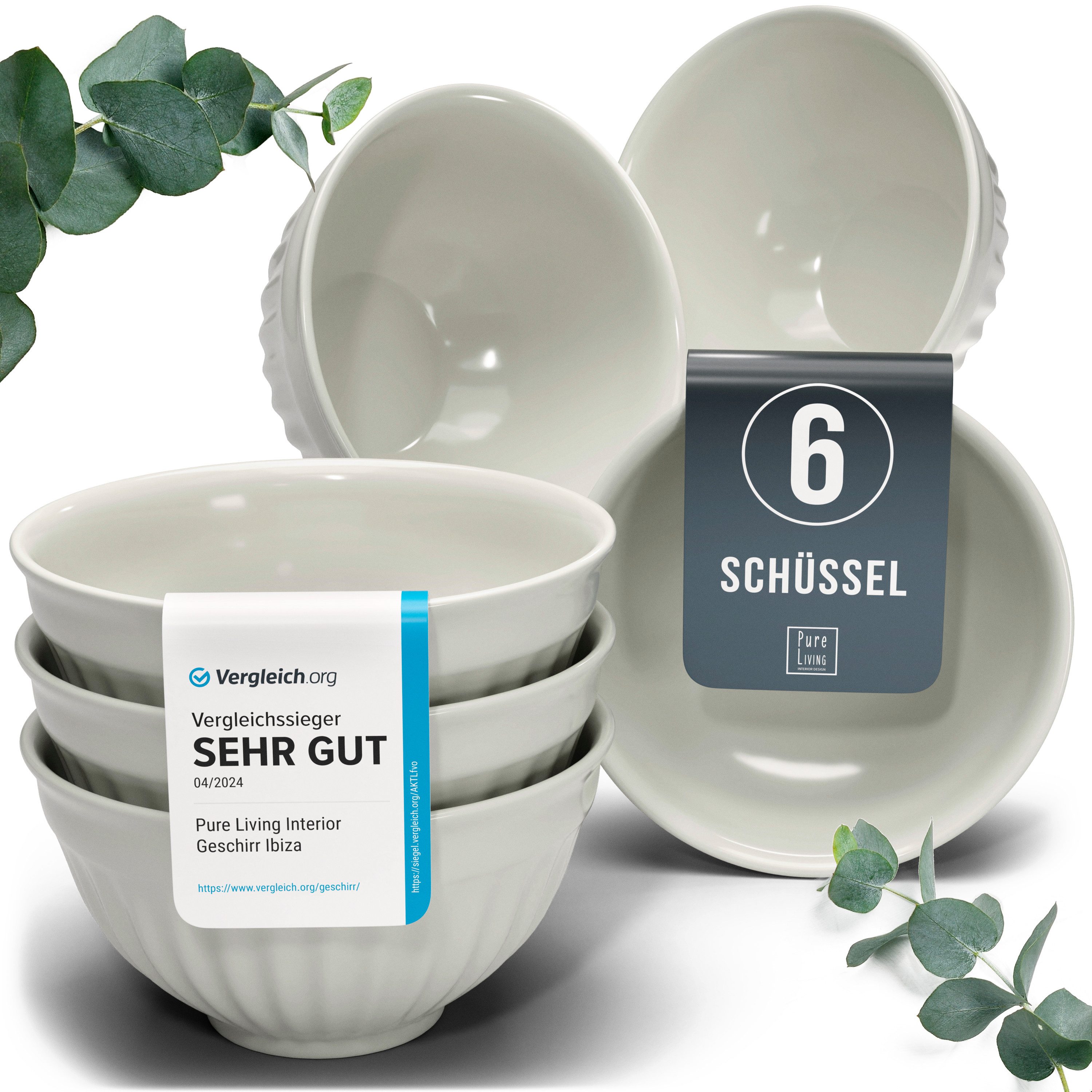 PURE LIVING INTERIOR DESIGN Geschirr-Set Pure Living Müslischale 6er 16cm »Hygge«, Steingut Beige, 6 Personen, Steingut, Skandinavisches Design mit Riffelstruktur, Harmonische Farbgebung, Ma…