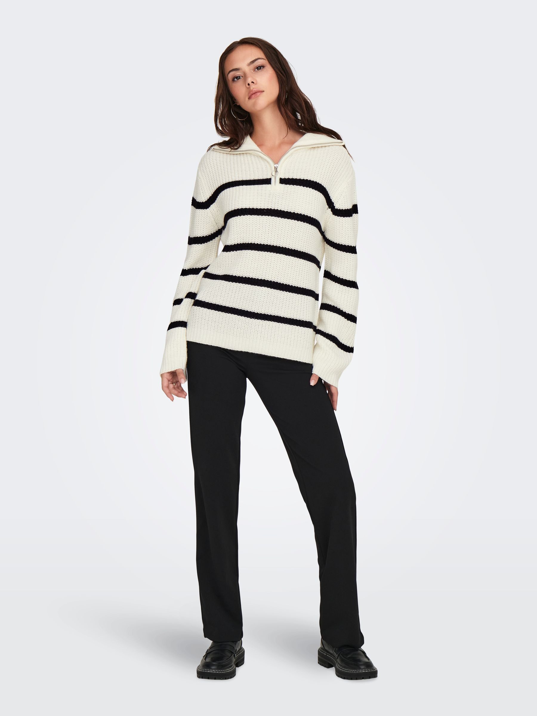 JACQUELINE de YONG Strickpullover Gestreift Troyer Strickpullover Langarm Bequem JDYJUSTY L/S HN ZIP WIDE SLEEVE PULL KNT