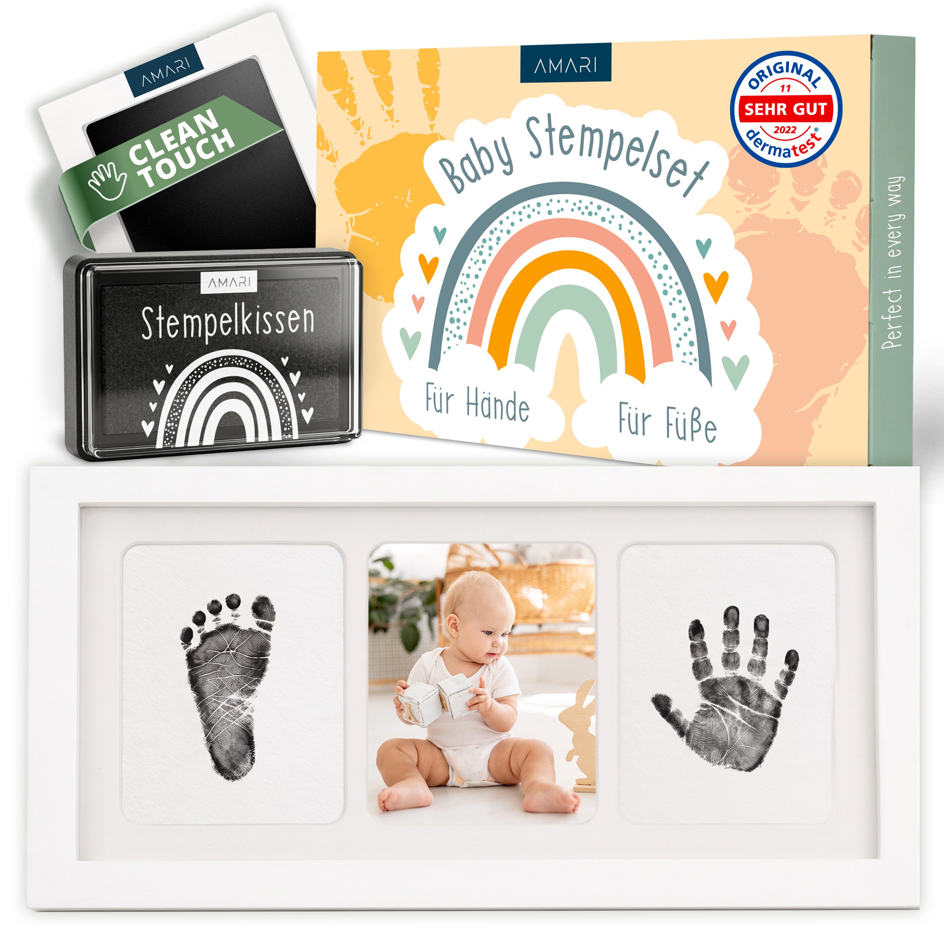 Amari Handabdruck-Set Baby Stempelabdruck Set mit Bilderrahmen & Clean-Touch Stempelkissen, Fußabdruck & Handabdruck ohne Farbe auf der Haut, 2 Stempelkissen, 4 Druckkarten, Holzrahmen & Videoanleitung, Geschenk zur Geburt, Taufe & Babyparty für Eltern &