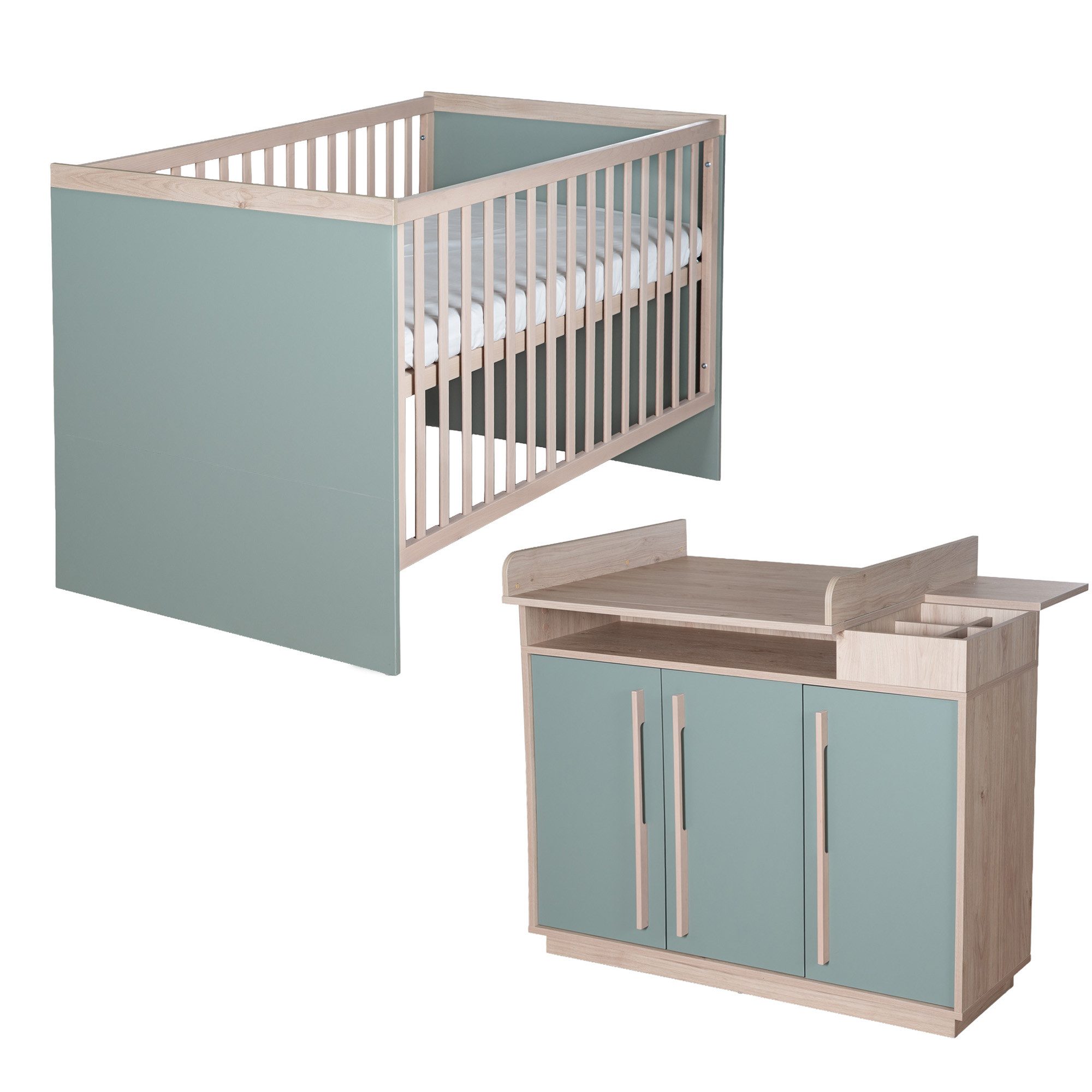 roba® Babymöbel-Set Selva - modernes Kinderzimmer aus Holz in Reed Green, (Set, 2-tlg., Babybett 70 x1 40 cm &, Wickelkommode), Griffe & Füße aus Massivholz - Skandinavisches Design - MADE IN EUROPE