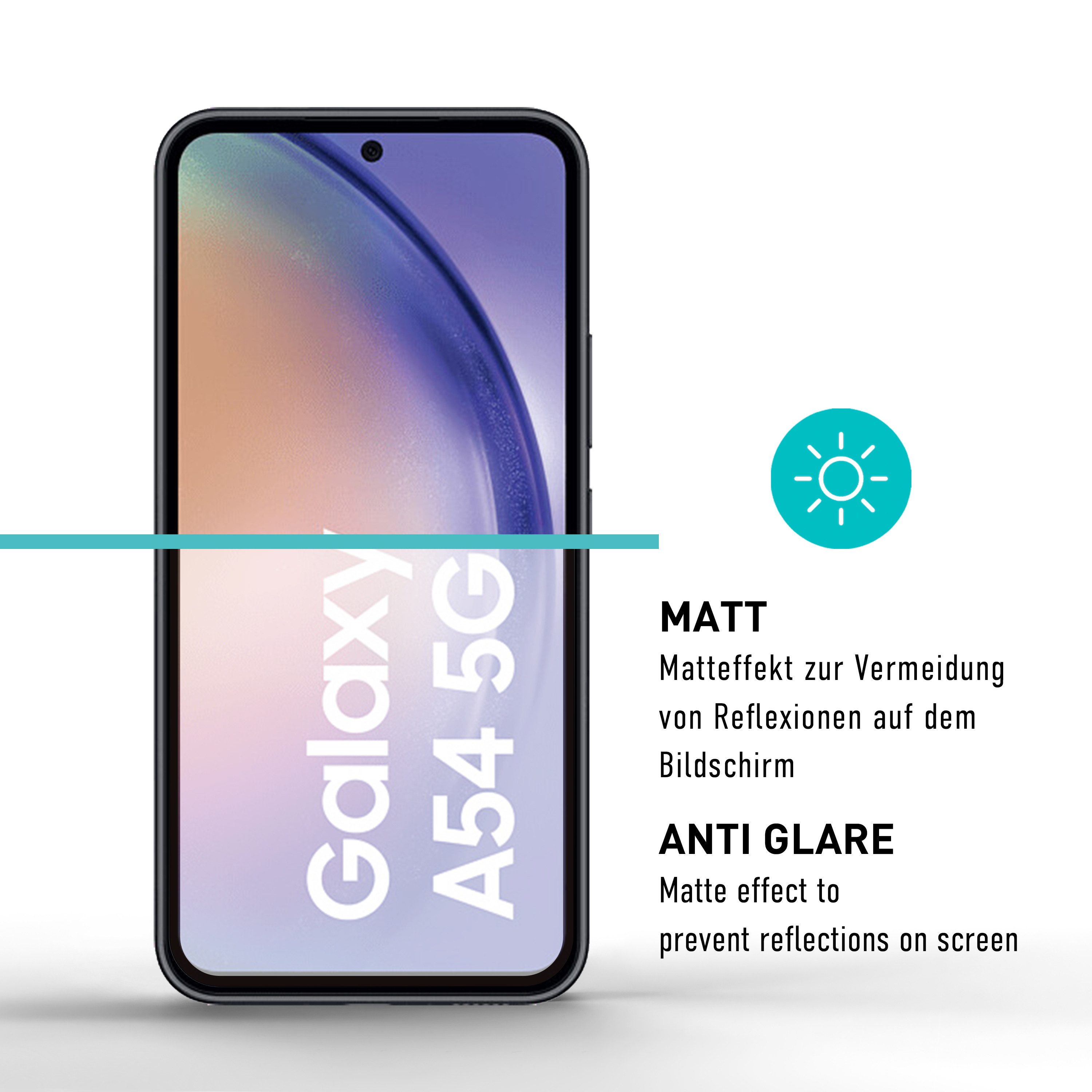 smartect Displayschutzglas Schutzglas Panzerfolie Full Screen Matt für Galaxy A54 5G, Set, 2 Stück, Schutzfolie Glasschutz Bildschirm
