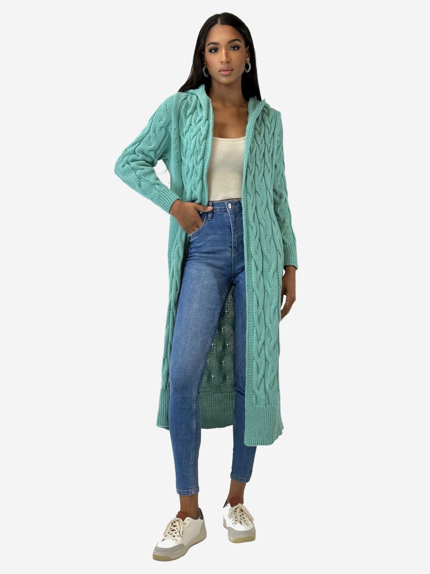 Elara Cardigan — Damen Long Cardigan One Size mit Kapuze und Zopfmuster
