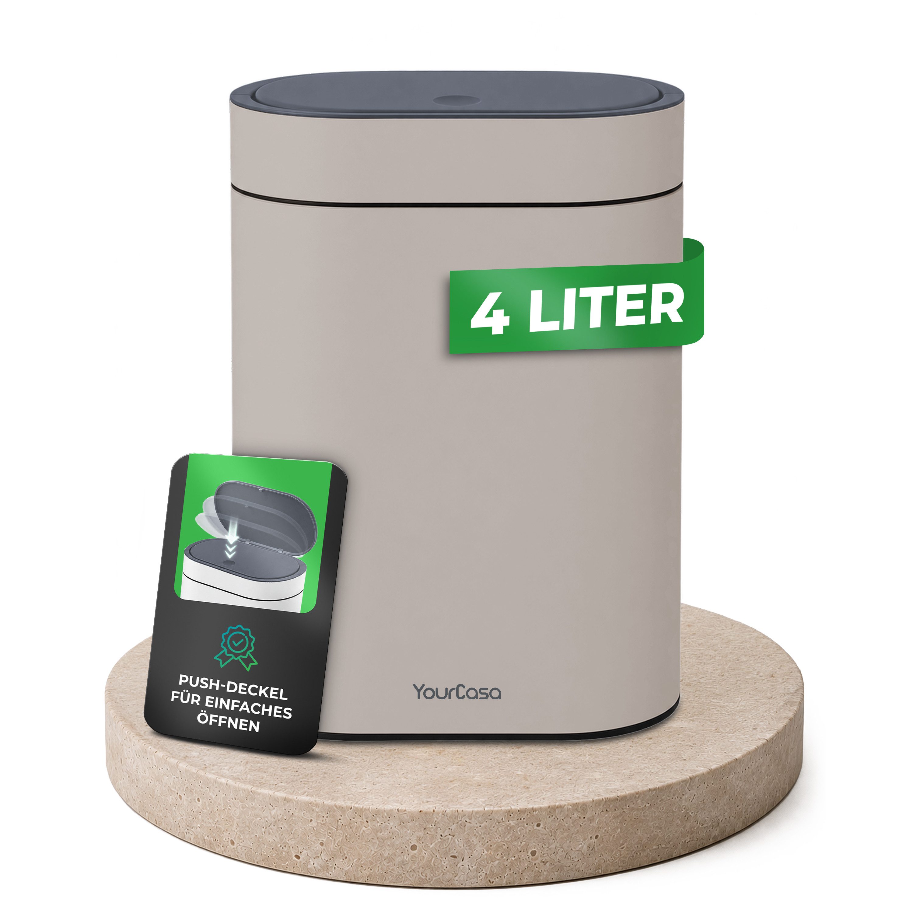 YourCasa Mülleimer Badezimmer Mülleimer 4L mit Deckel, Kosmetikeimer Bad, Push-Deckel, herausnehmbare Inneneimer, pulverbeschichtete Stahlgehäuse