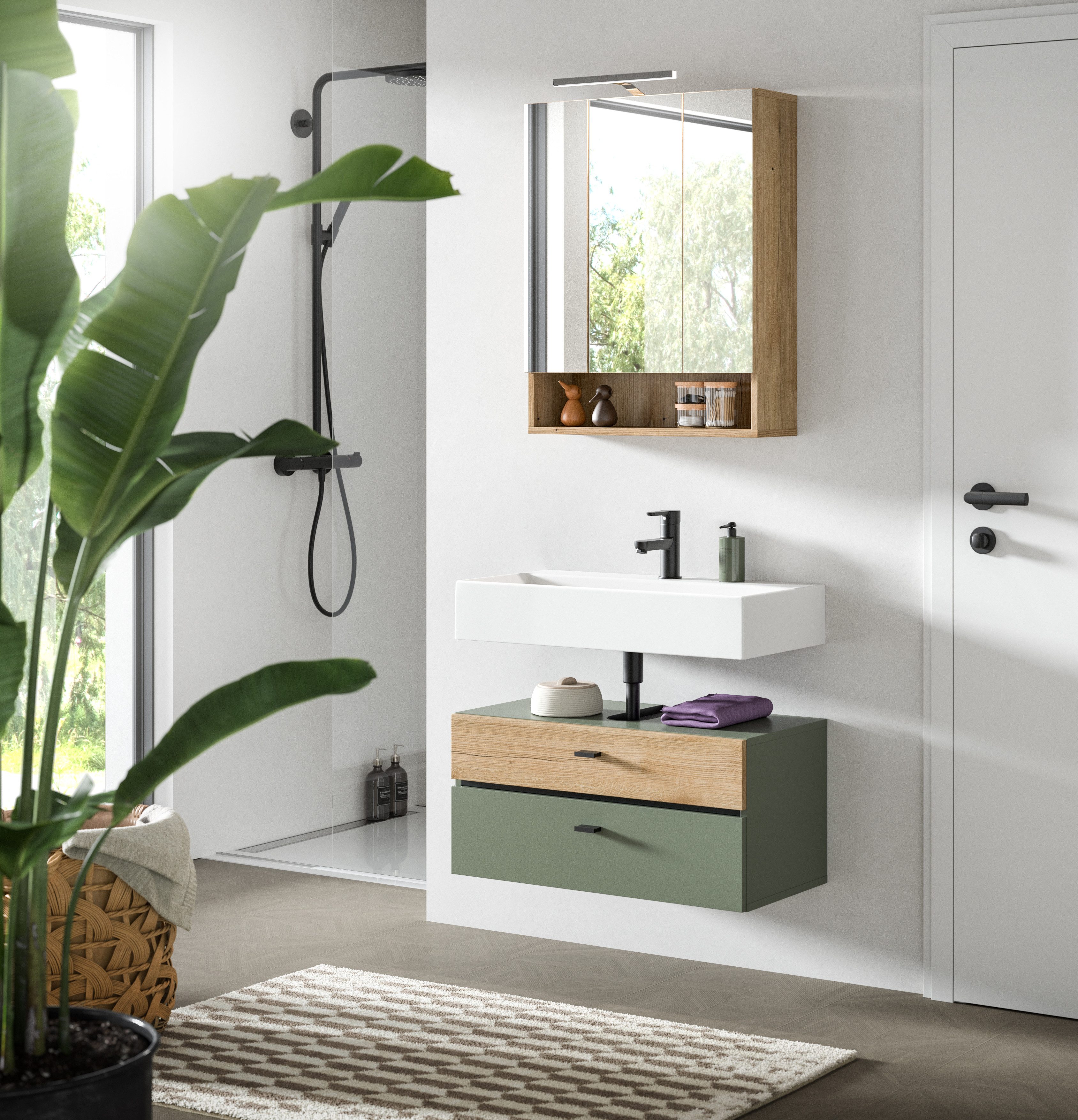 welltime Badmöbel-Set VANN, 2-teilige moderne Badkombination, inkl. Beleuchtung, (2-St., 1x Waschbeckenunterschrank, 1x Spiegelschrank inkl. Beleuchtung), Bad-Kombination, Bad-Möbel, Badezimmer, Kombination, Kombi, Bad-Set