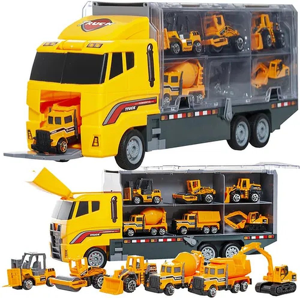 KRUZZEL Spielzeug-LKW Autotransporter Baufahrzeuge Spielset, (Spar-Set, 7-tlg., 36 x 15 x 9,5 cm leicht), 6 Baufahrzeuge, Auswurffunktion, Transportbox