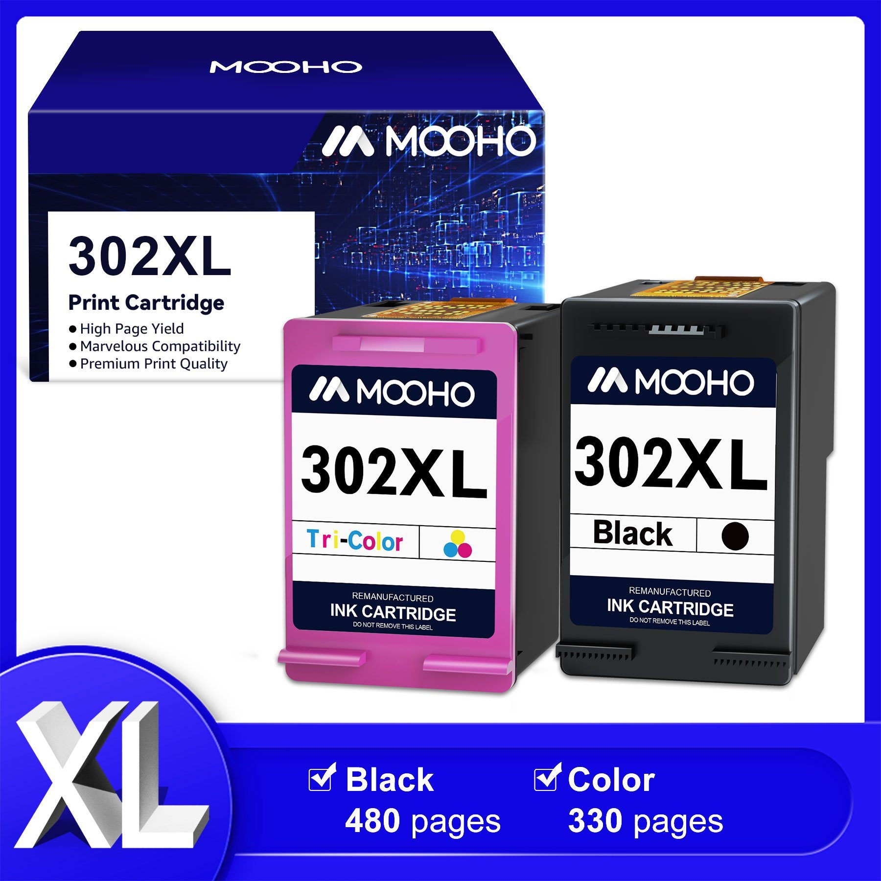 MOOHO Ersetzt für HP 302 XL 302XL Doppelpack Tintenpatrone (OfficeJet 3830 3831 3832 4650) 1*Schwarz+1*Dreifarbig