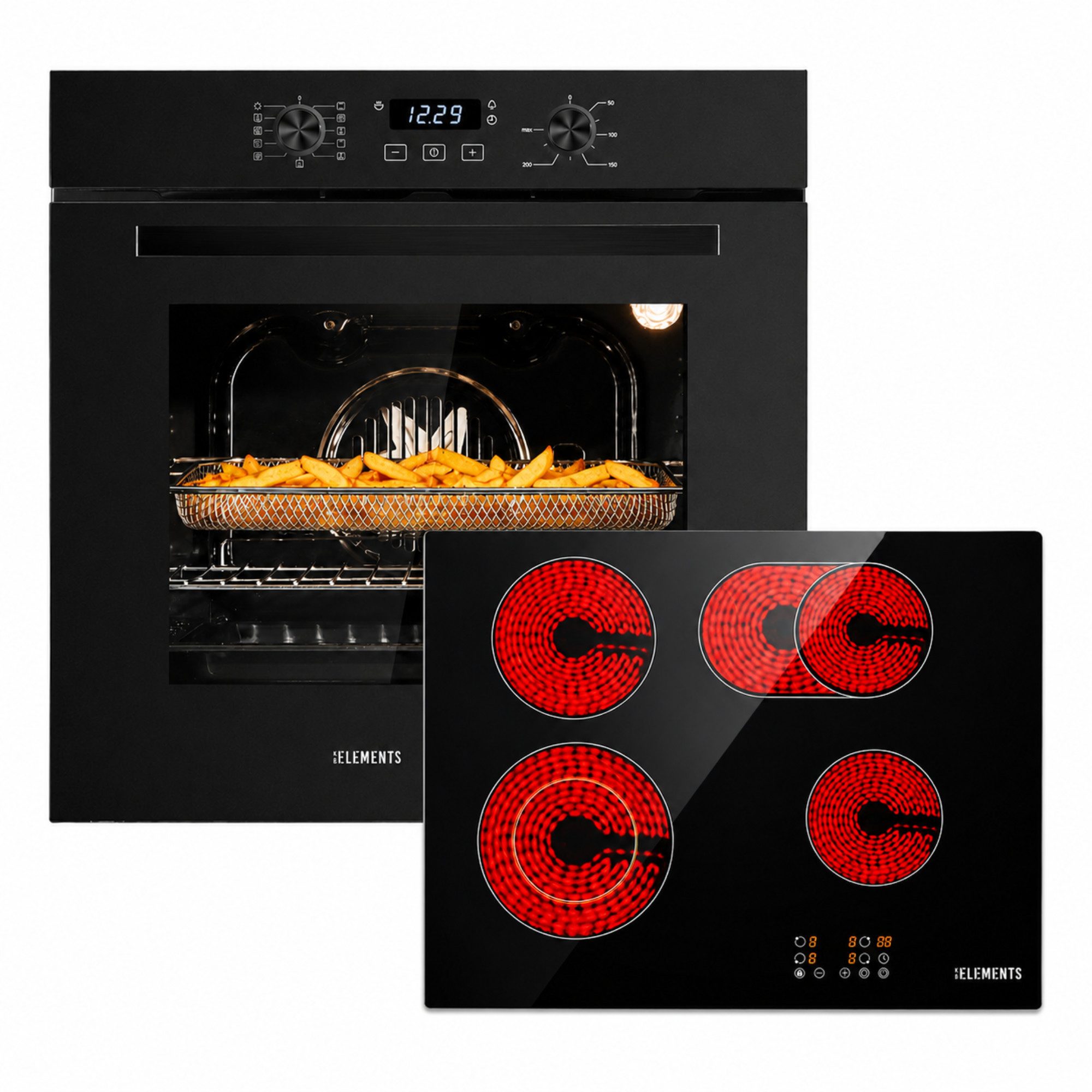 KB Elements Backofen-Set Einbaubackofen 60 cm mit 4-Zonen Glaskeramik Kochfeld 60 cm, Steam Clean, Air Fry, Circle Fan Heater, Steam Clean, Flexzone