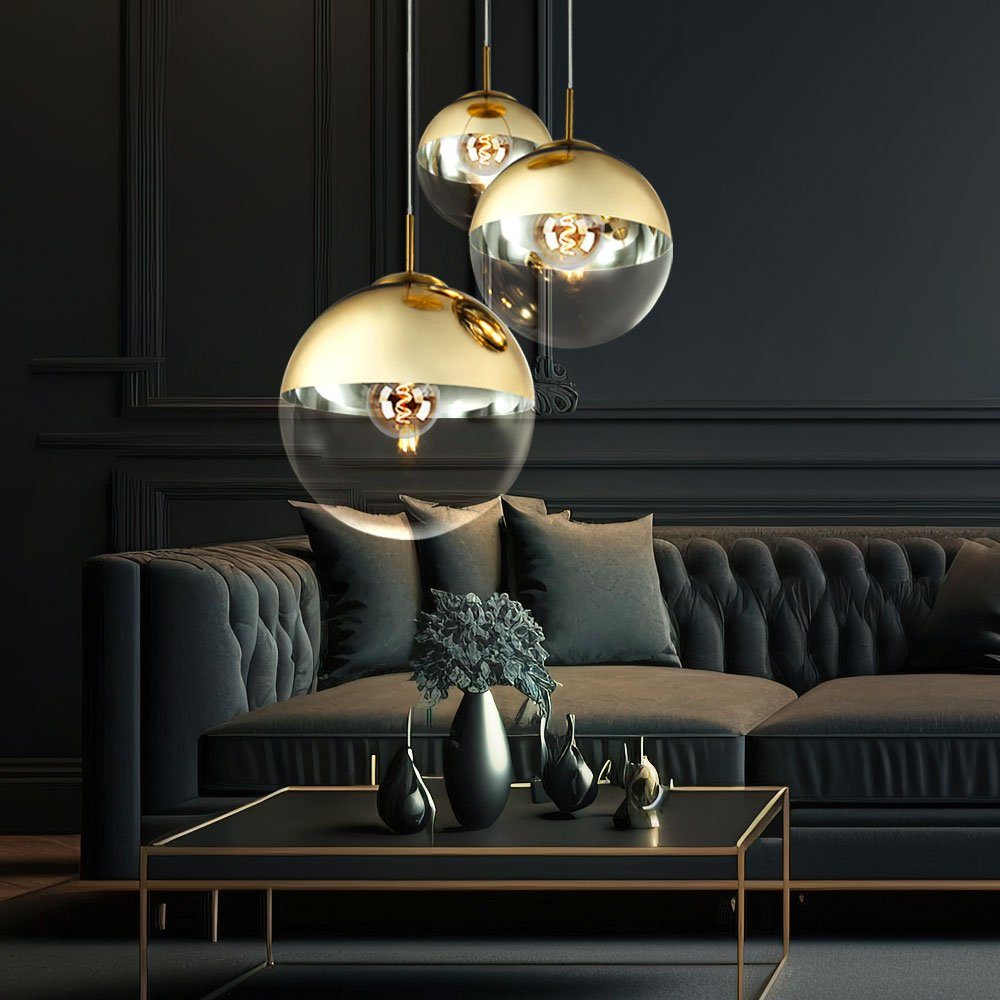 GLOBO LIGHTING LED Pendelleuchte, Leuchtmittel inklusive, Warmweiß, LED Hängelampe Pendelleuchte Glas 3 flammig goldfarben Glaskugel