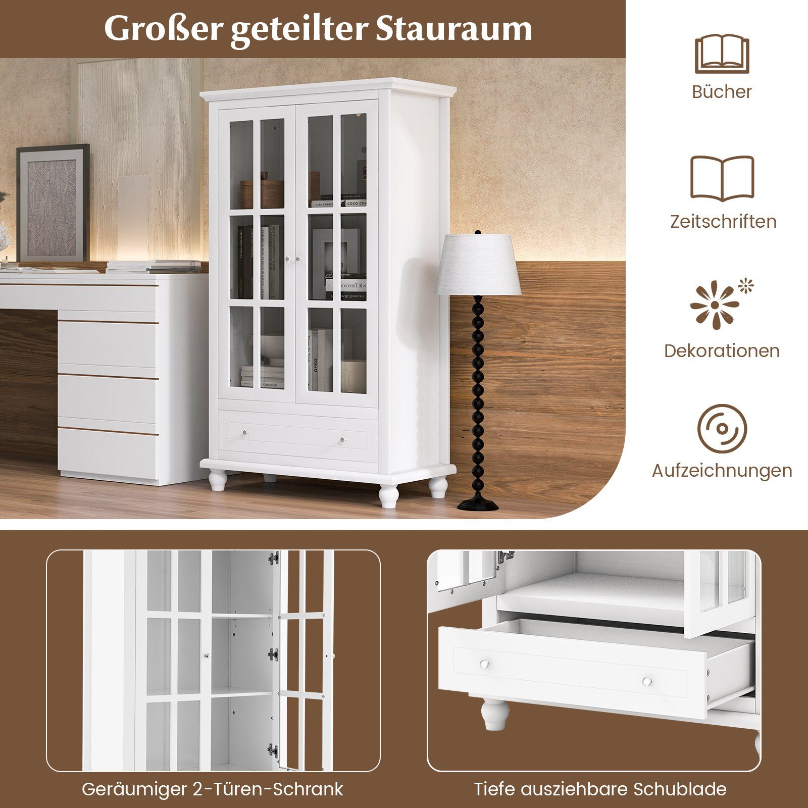 COSTWAY Bücherregal, mit Türen aus Glas, verstellbarem Regal & Schublade