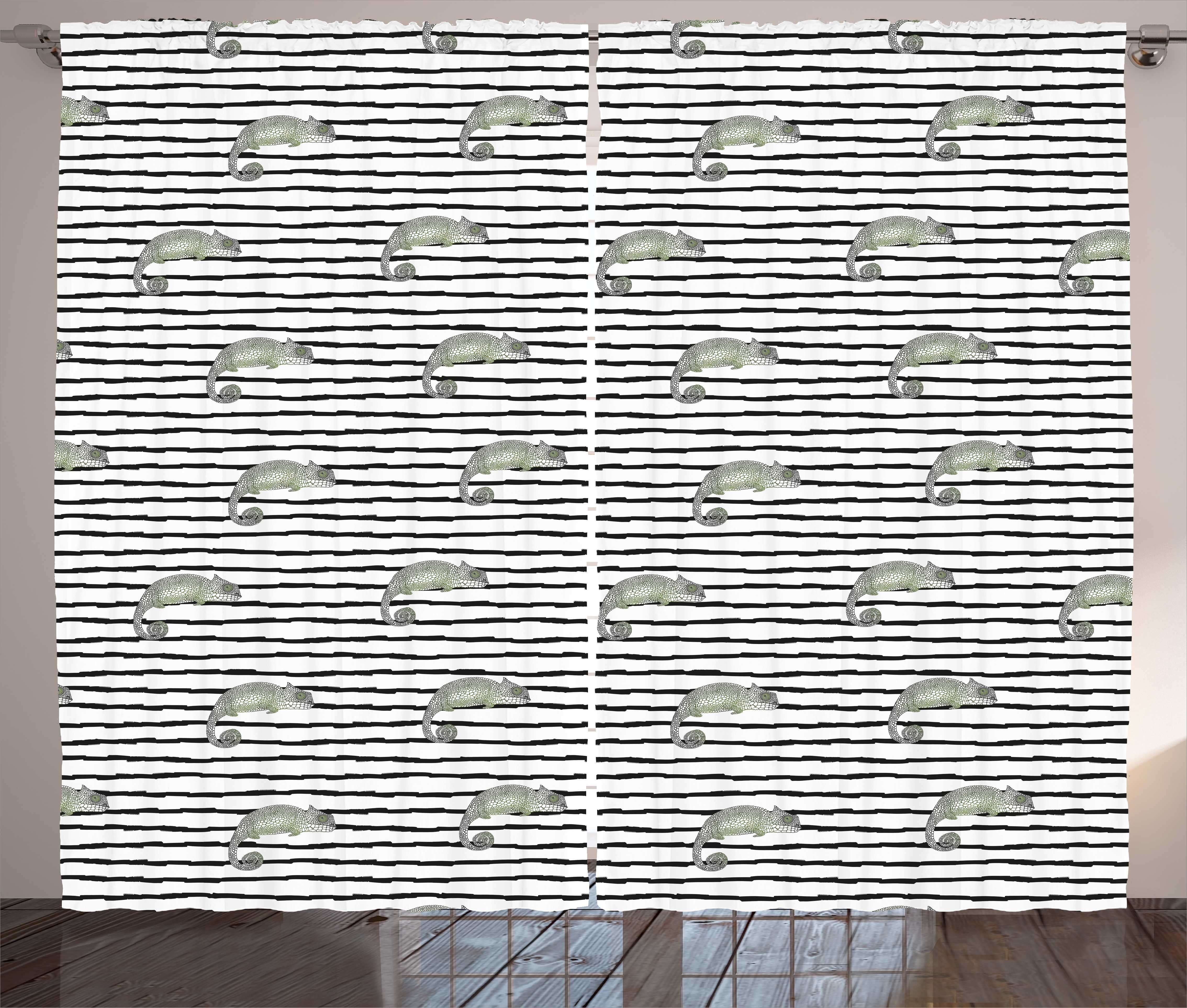 Gardine Schlafzimmer Kräuselband Vorhang mit Schlaufen und Haken, Abakuhaus, Reptil Chameleons auf Stripes Kunst