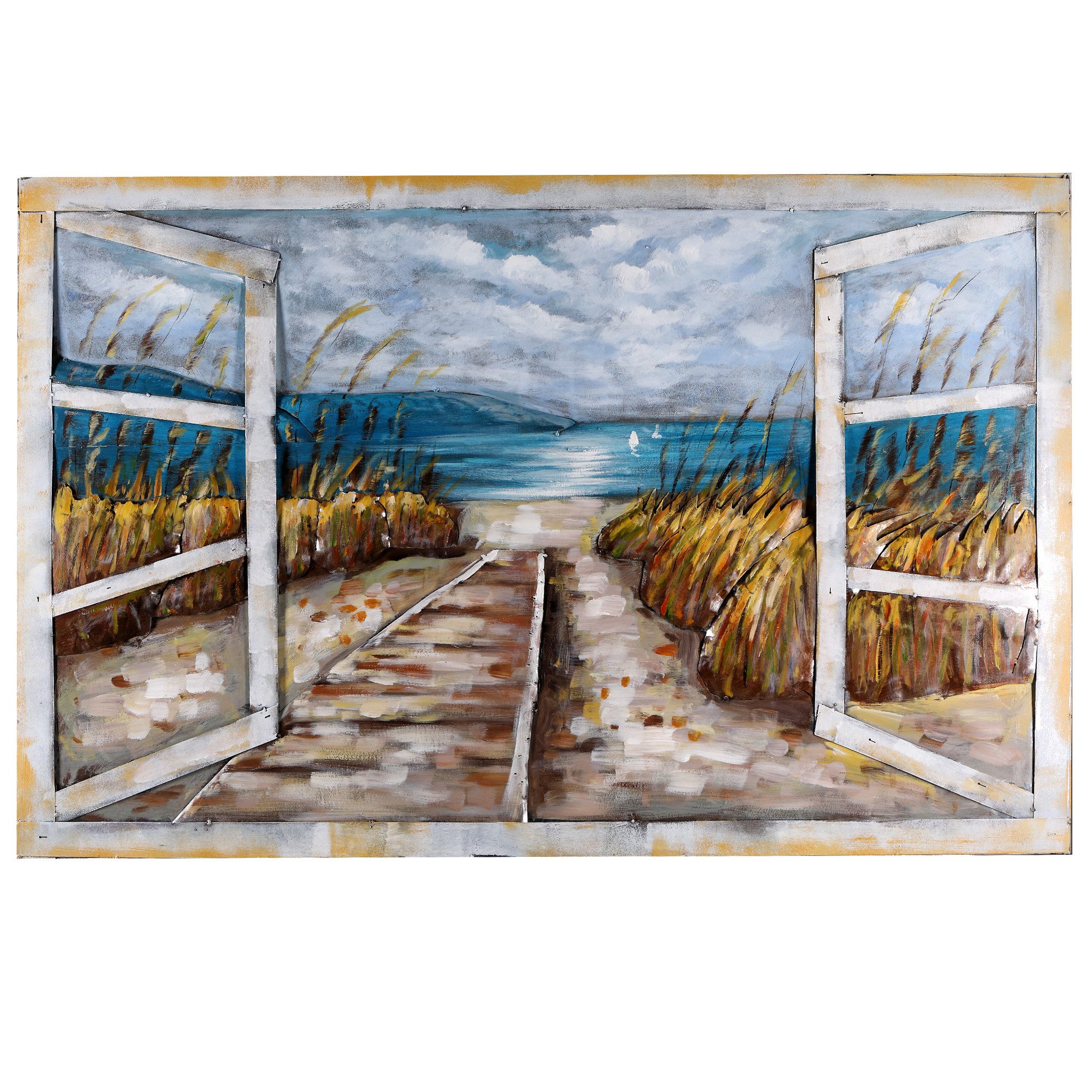 Home4Living Metallbild Wandbild Unikat Relief "Strandblick" 3D-Motiv handgefertigt, Fensterblick Strand, 3D-Effekt