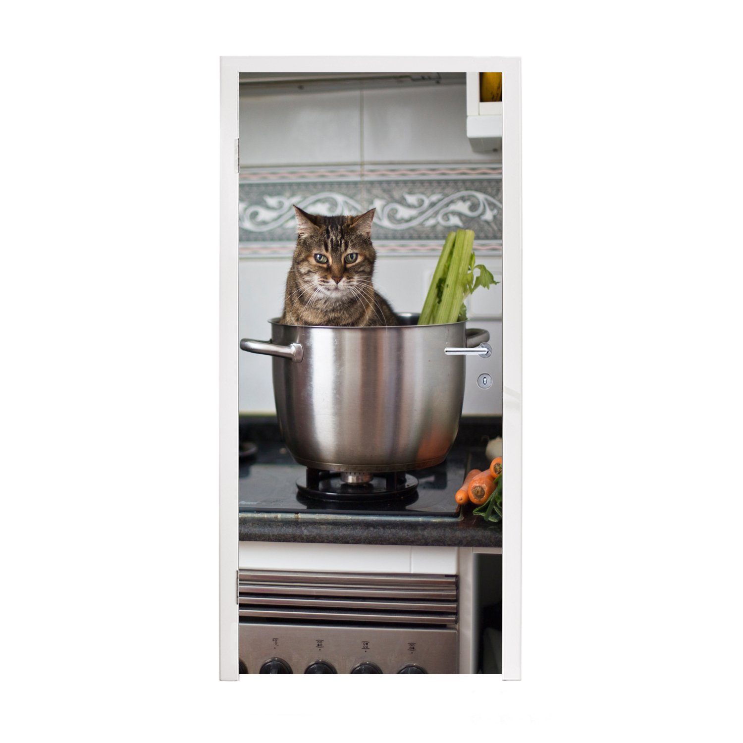 MuchoWow Türtapete Katze - Pfanne - Küche, Matt, bedruckt, (1 St), Fototapete für Tür, Türaufkleber, 75x205 cm