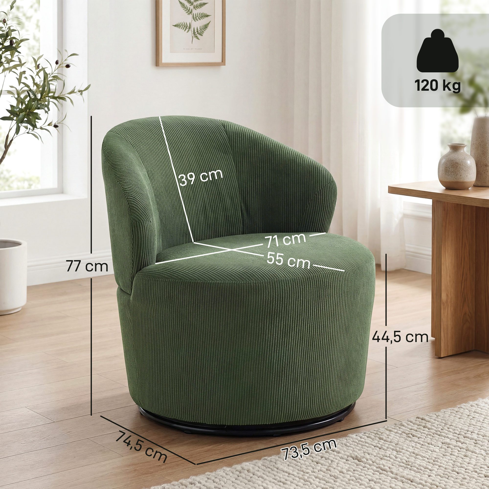 HOMCOM Sessel Breiter Sitz Relaxsessel (Moderner Polstersessel, 1-St., Relaxsessel), 360° drehbar, Cordstoff, ergonomisch