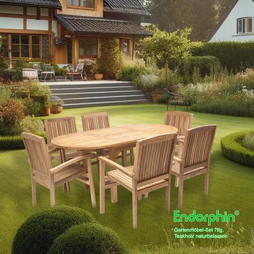Endorphin Garten-Essgruppe Gartenmöbel Set 7tlg. Teakholz, Tisch oval, ausziehbar mit 6 Stühlen s, (7er-Set, 7-tlg., Gartentisch mit 6 Stühlen)