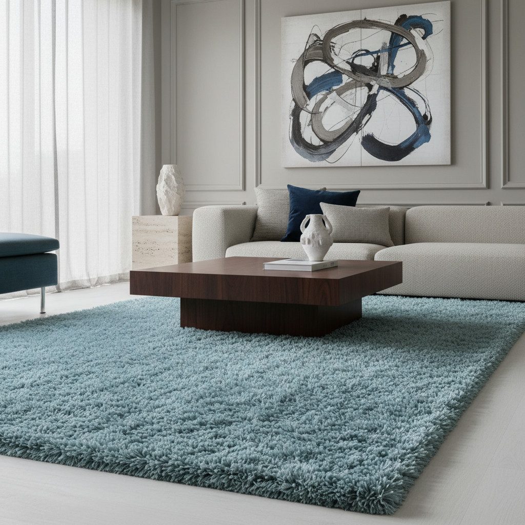 KADIMA DESIGN Teppich SALZACH Shaggy Langflor Wohnzimmer Schlafzimmer Waschbar Esszimmer, Läufer, Höhe: 52 mm, Blau, 80x150 cm, Wohnzimmerteppich Strapazierfähig Waschbar