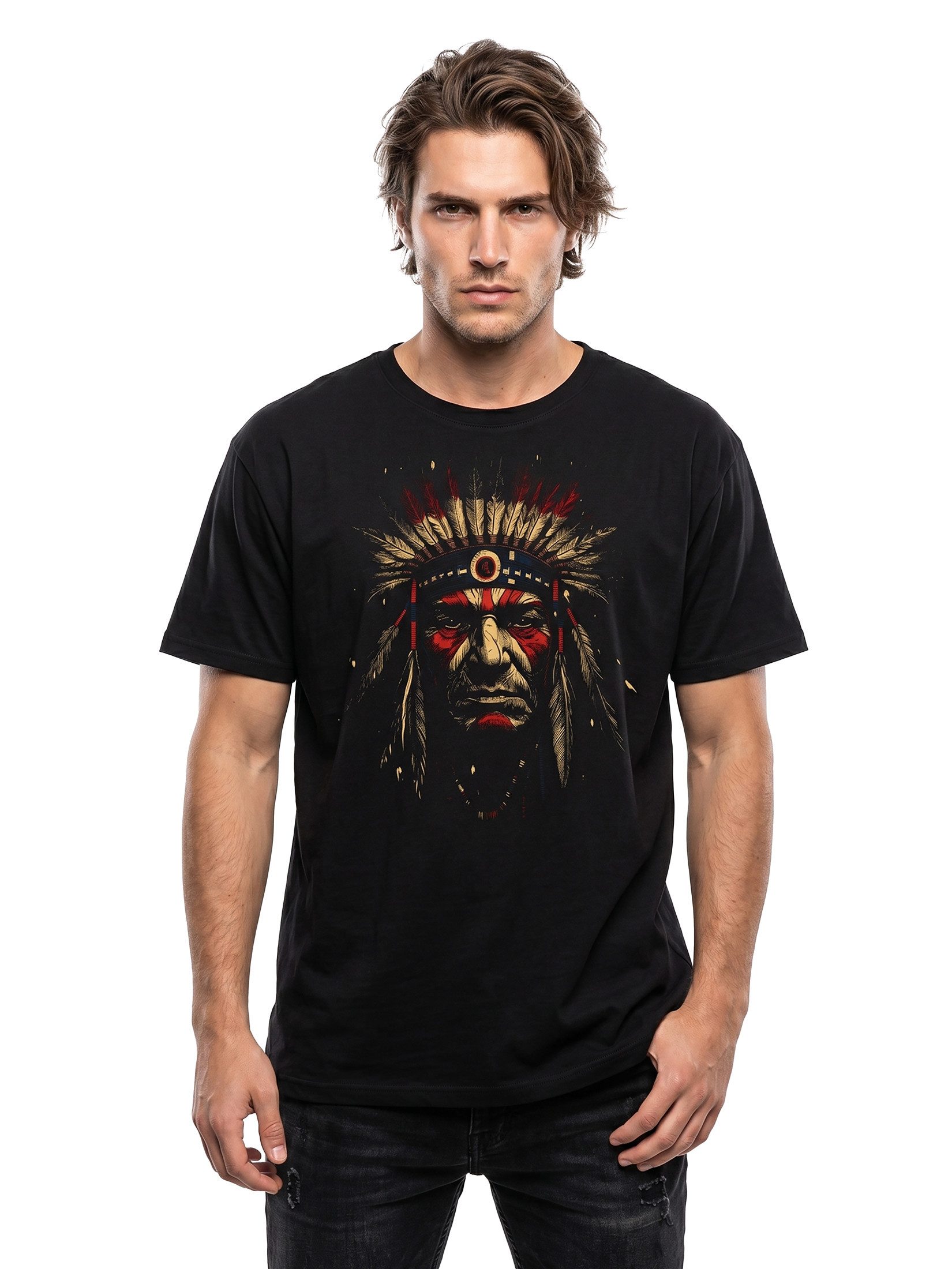 MAKAYA Print-Shirt Herren Vintage Native American Indian Häuptling mit Federn (Schwarz, S, XL, 3XL, 4XL, 5XL, L, M, XXL) Baumwolle