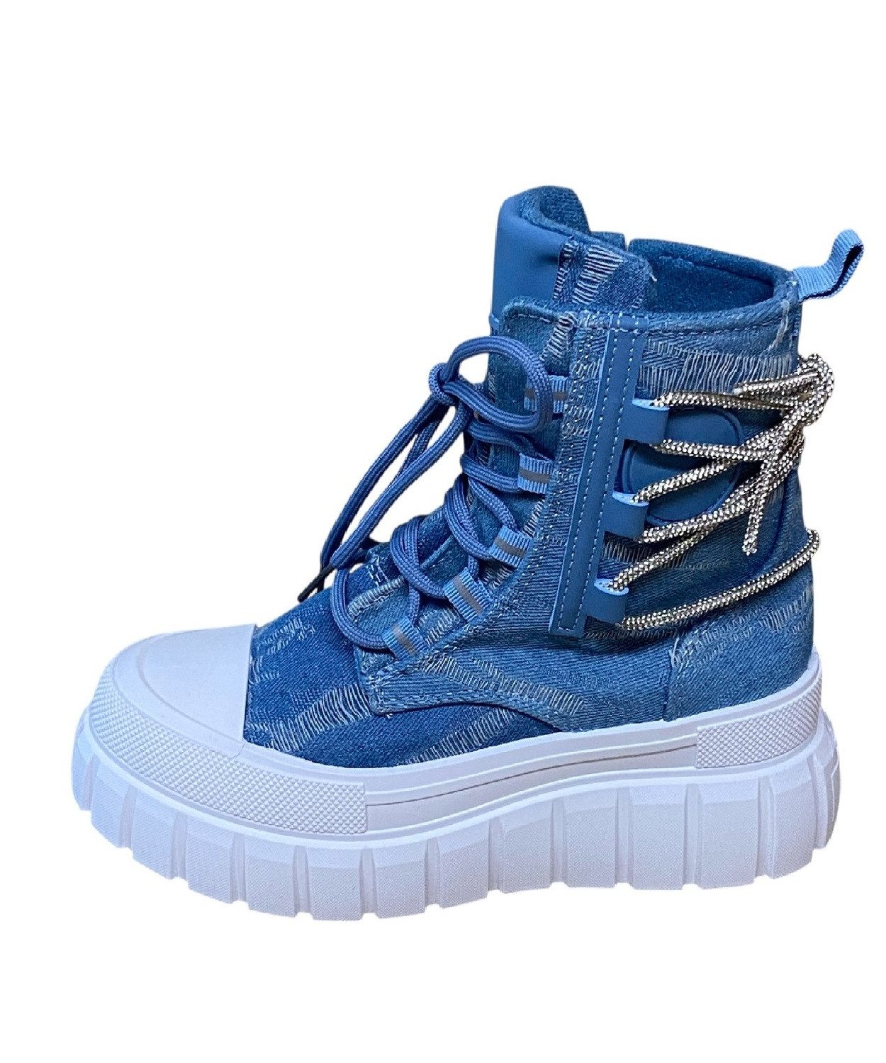 Pogolino 8-123 Denim Sneakerboots Damen High Top Sneakers Jeans Boots Denim Glitzer Plateau