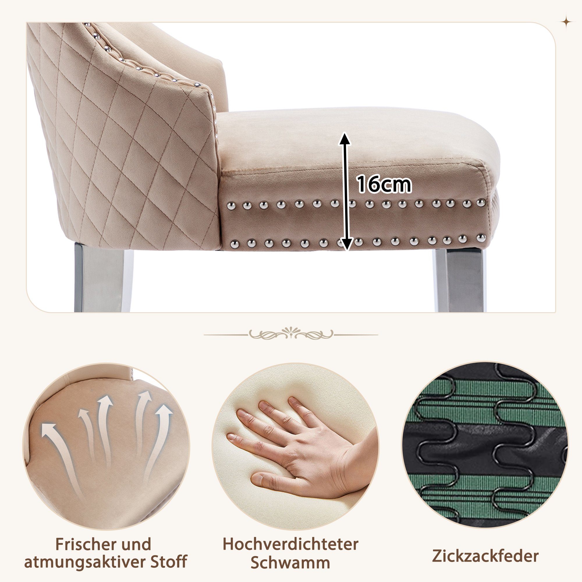 Beige 2 Beige BeigePolsterstuhl | Ulife aus (Set, Esszimmerstuhl St) mit Metall Nagelkopfbesatz,Stützbeine