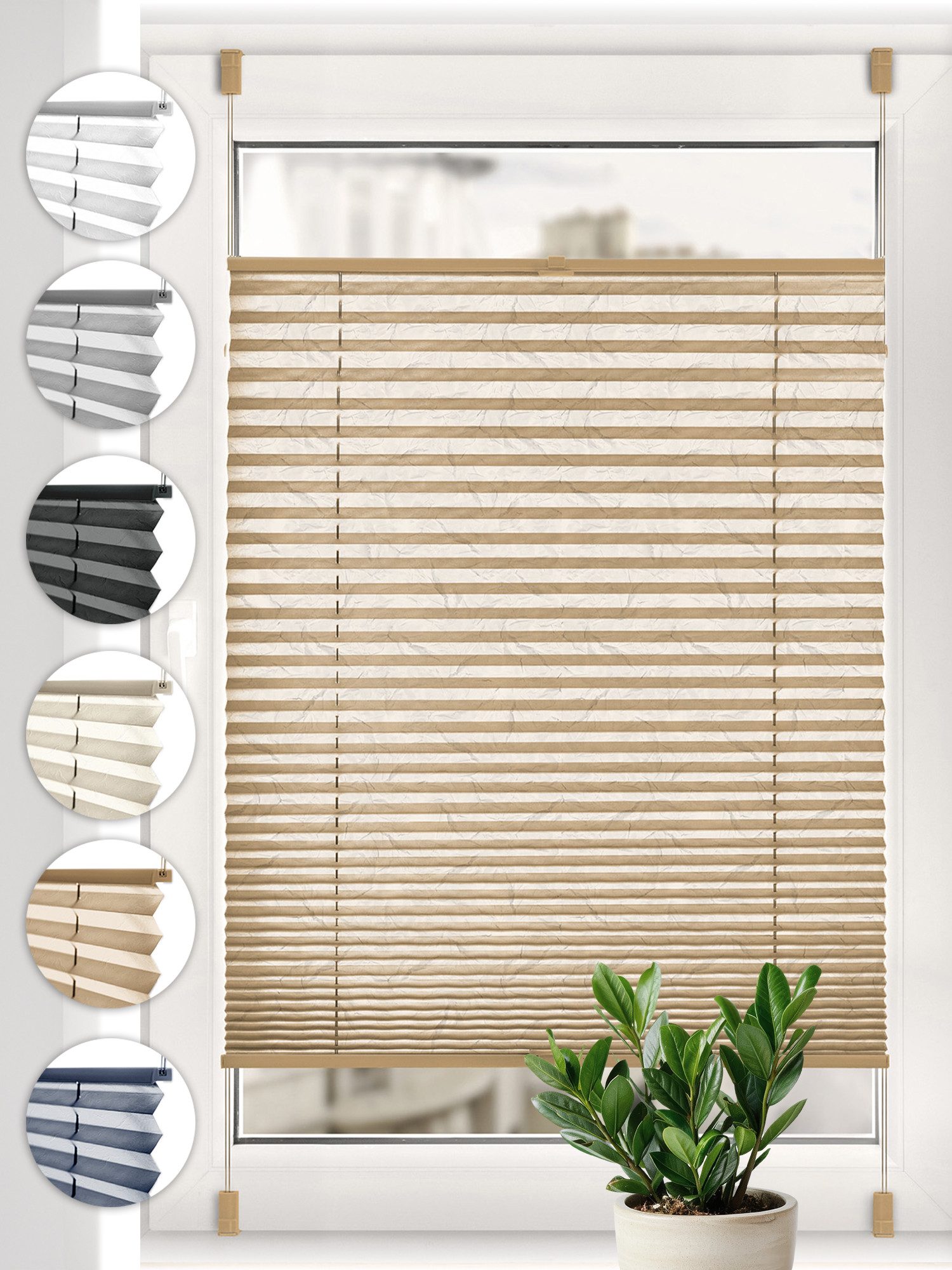 Sonello Plissee Crush Klemmfix ohne Bohren für Fenster & Tür Lichtschutz, blickdicht, Klemmfix, verspannt, ohne Bohren, 30cm x 100cm Cappucino Faltrollo, Easyfix, Sonnenschutzrollo