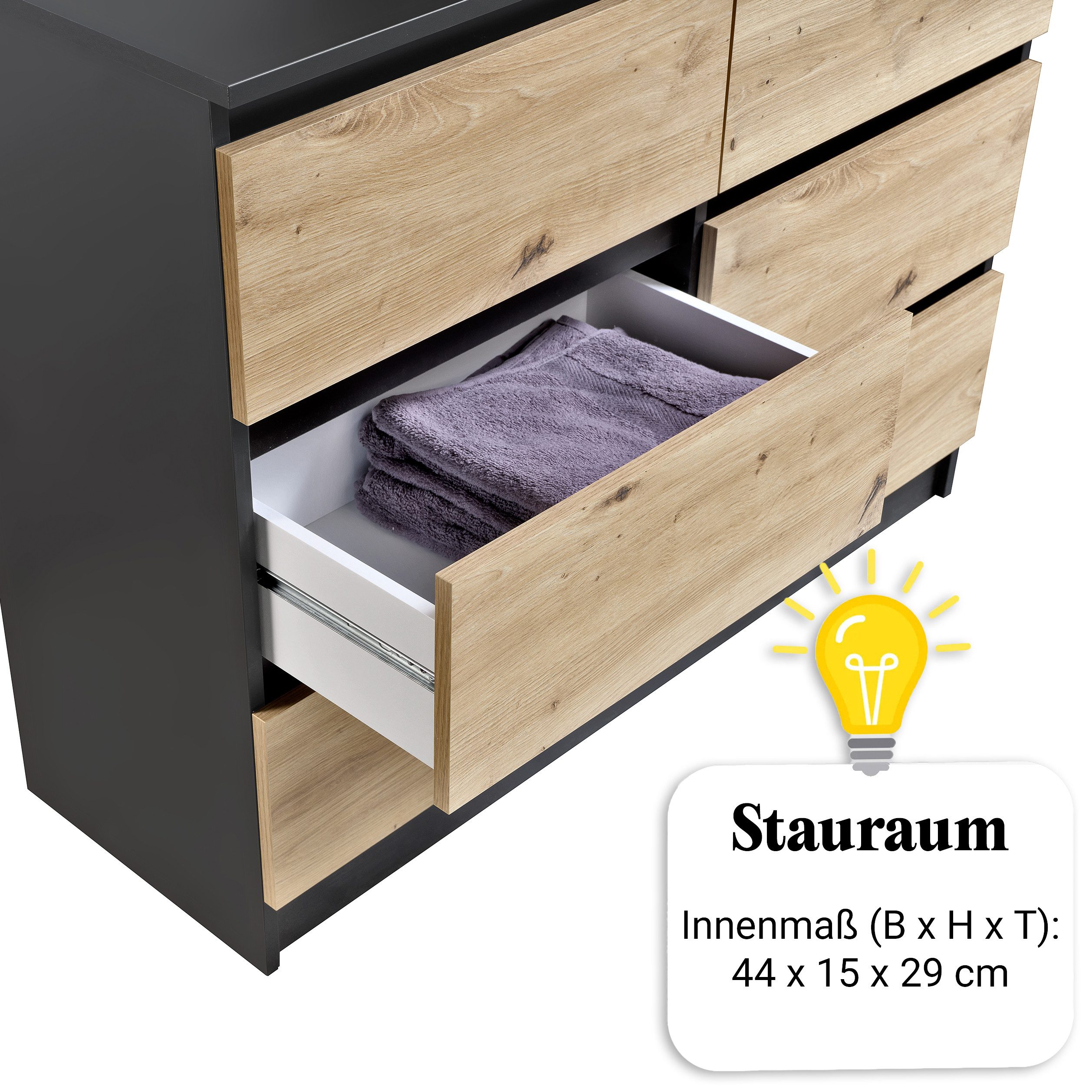 Home Collective Kommode mit 6 Schublade 100, 120, 140 cm breit Holz Schrank (Highboard Anrichte Schlafzimmer Wohnzimmer Flur Büro Organizer), Kommode 100 cm breit Kommode Sideboard, Anthrazit Artisan-Eiche