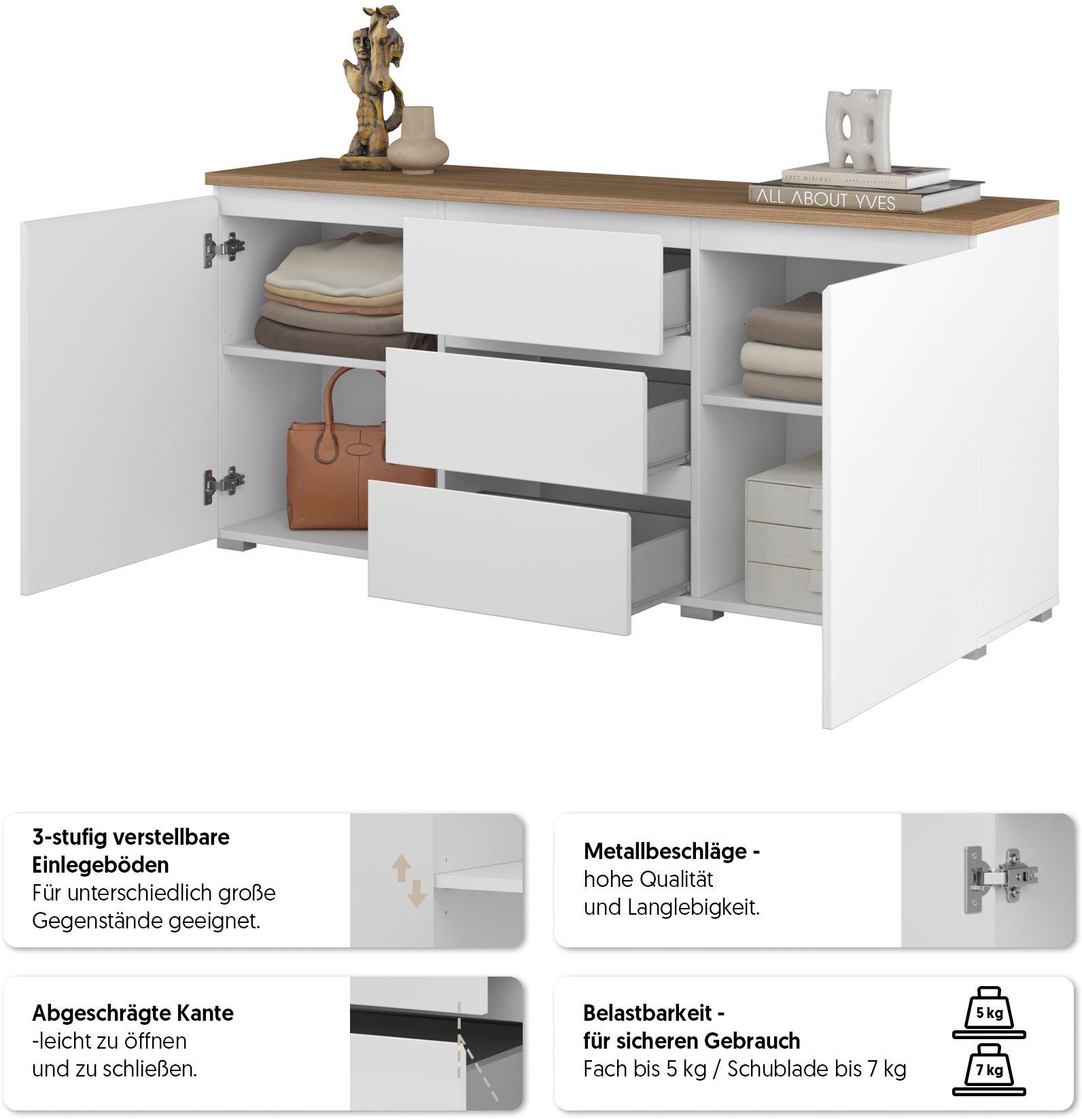 OTTO home Sideboard Modo, Breite 150 cm, moderne grifflose Kommode 2Türen/3 SK, Schubladenkommode mit viel Stauraum, Einlegeböden verstellbar