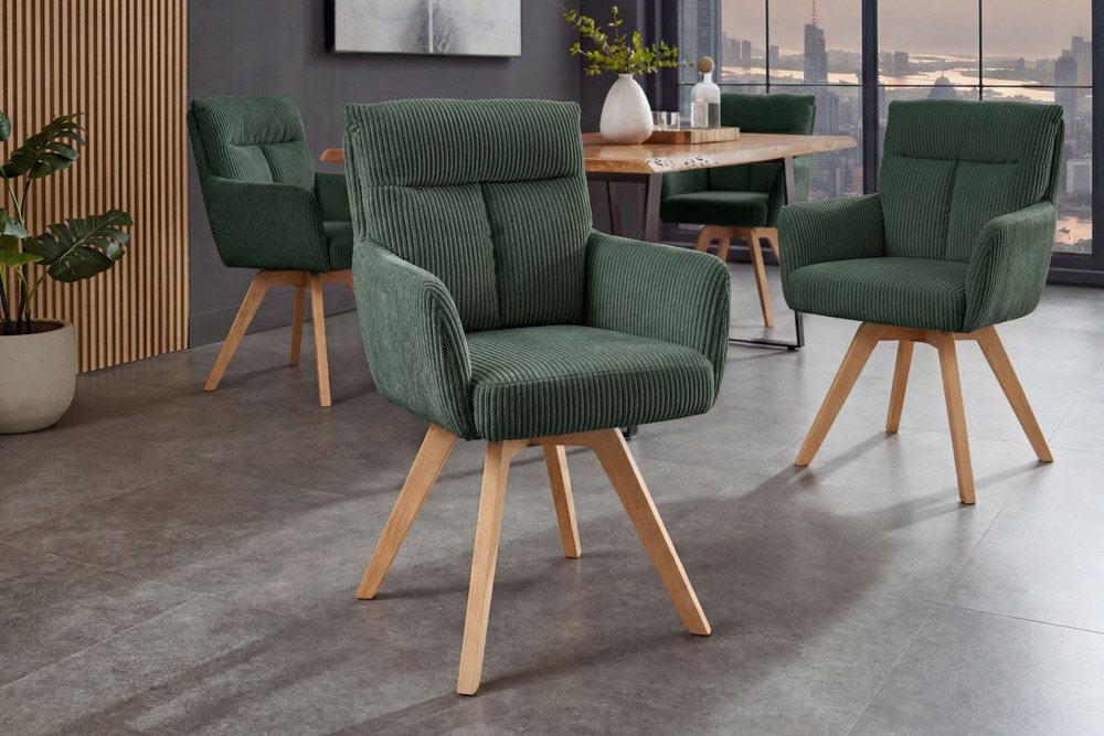 riess-ambiente Polsterstuhl BIG GEORGE grün/natur - Cord, 360° Drehfunktion, Taschenfederkern (Einzelartikel, 1 St), mit Armlehnen & Buchenholz-Beinen – ideal für gemütliche Esszimmer
